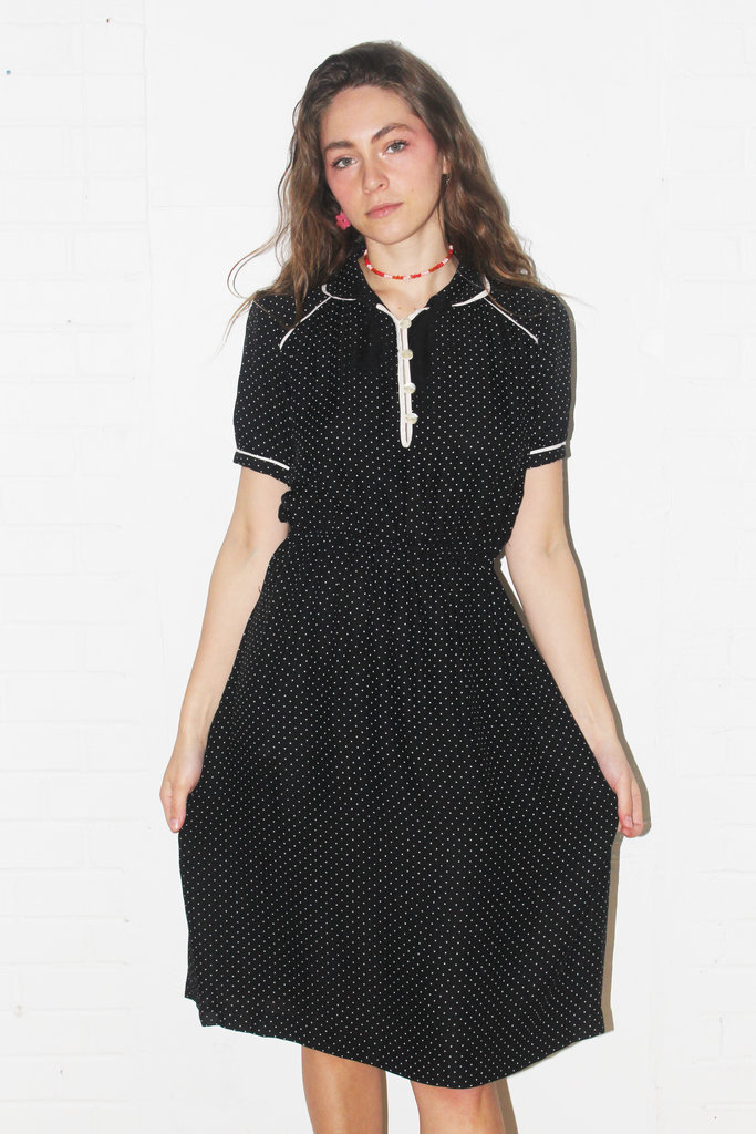 Vintage Black Polka Dot Dress - M