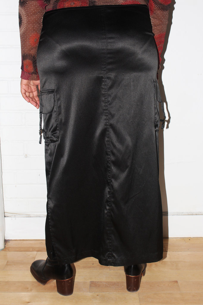 Black Satin Cargo Skirt - L