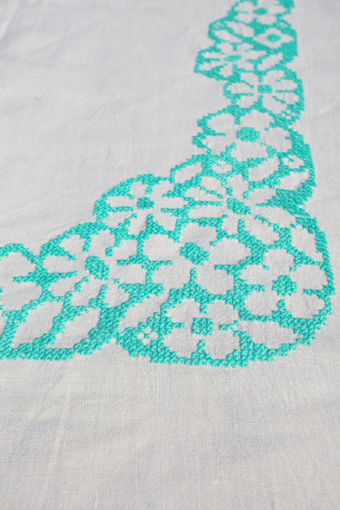 Vintage Vintage White and Teal Embroidered Tablecloth