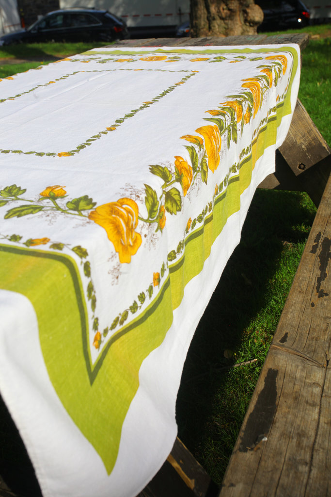 Vintage Vintage White, Green and Yellow Floral Tablecloth