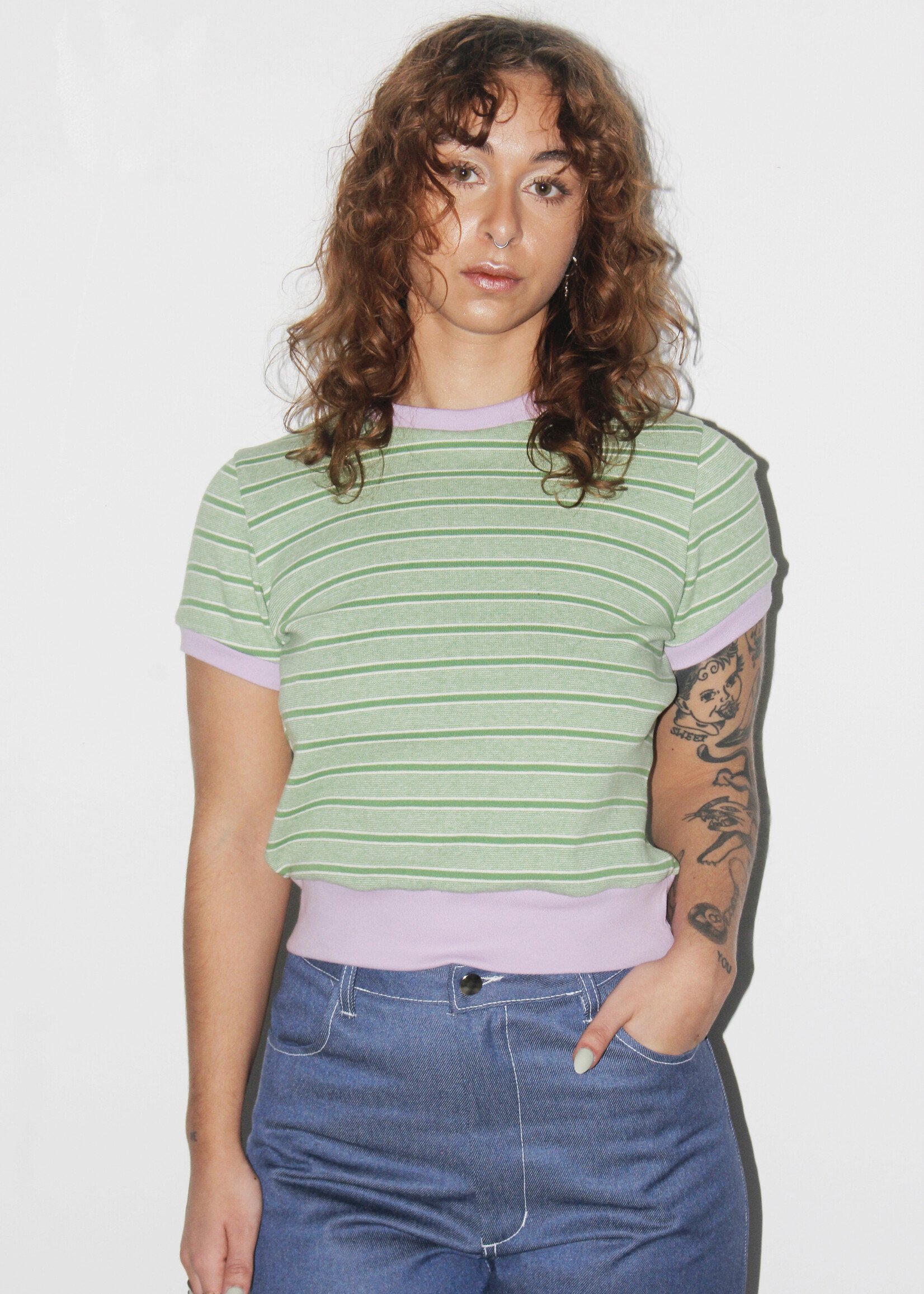 Studio Citizen Studio Citizen 70s Rib T-shirt in Green and White Stripe