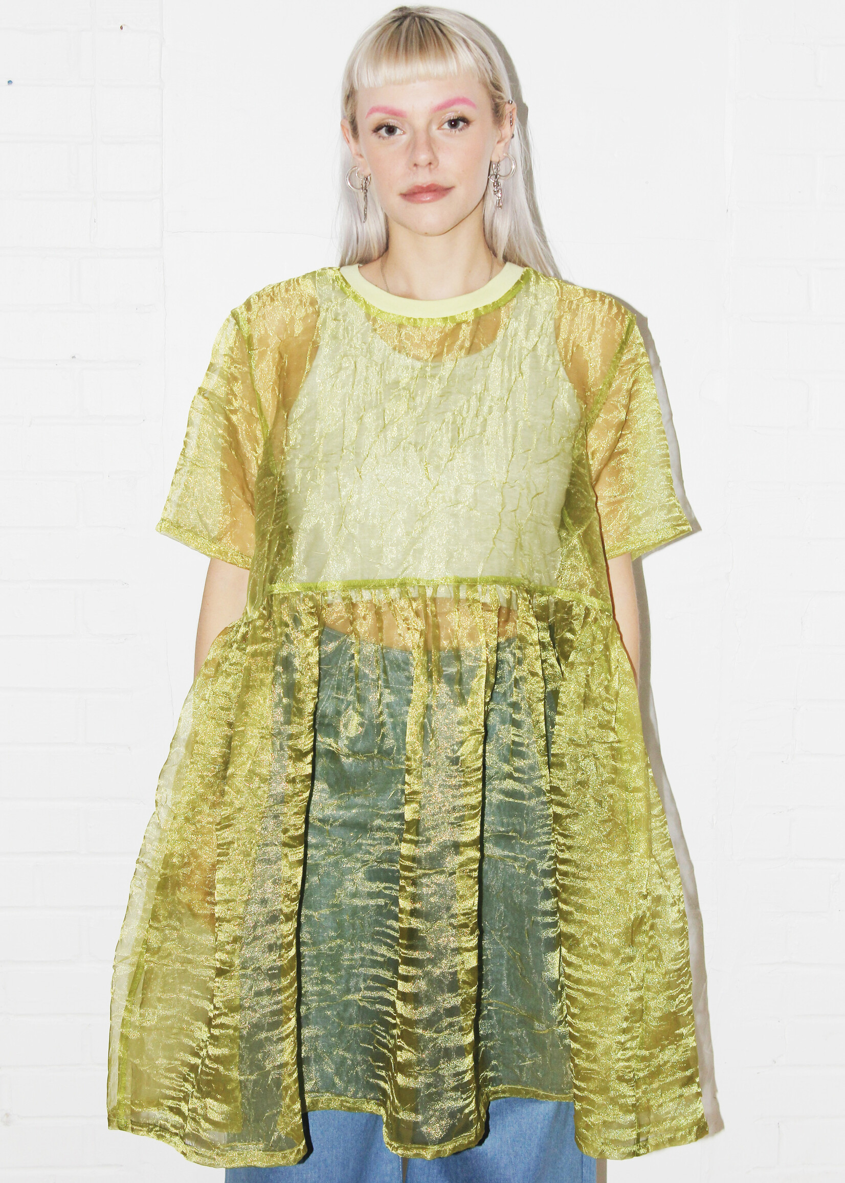 Studio Citizen Studio Citizen Babydoll Dress in Sheer Iridescent Chartreuse