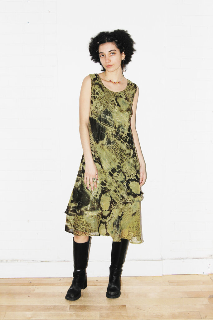 Vintage Vintage Green Snakeskin Print Chiffon Dress - M/L