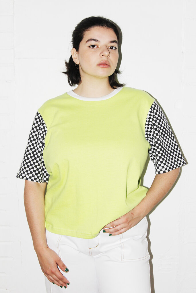 Studio Citizen Studio Citizen Long Boxy Tee in Lime Green and Checkered