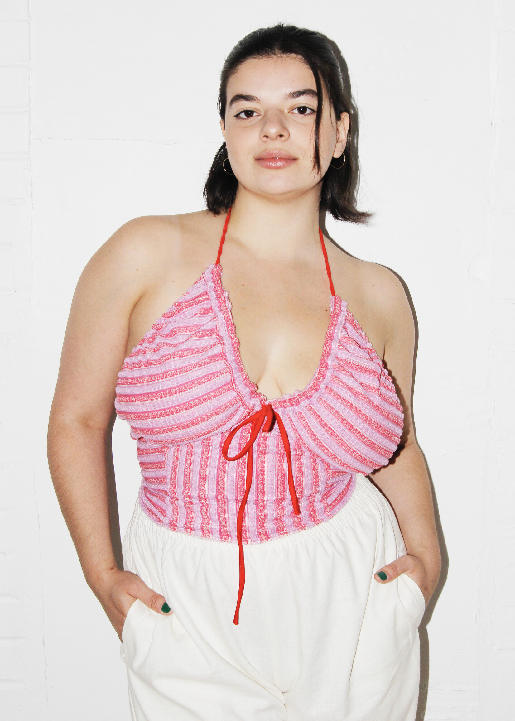 Upcycled Tie-Back Halter Top in Pink and Purple Stripes - CITIZEN VINTAGE