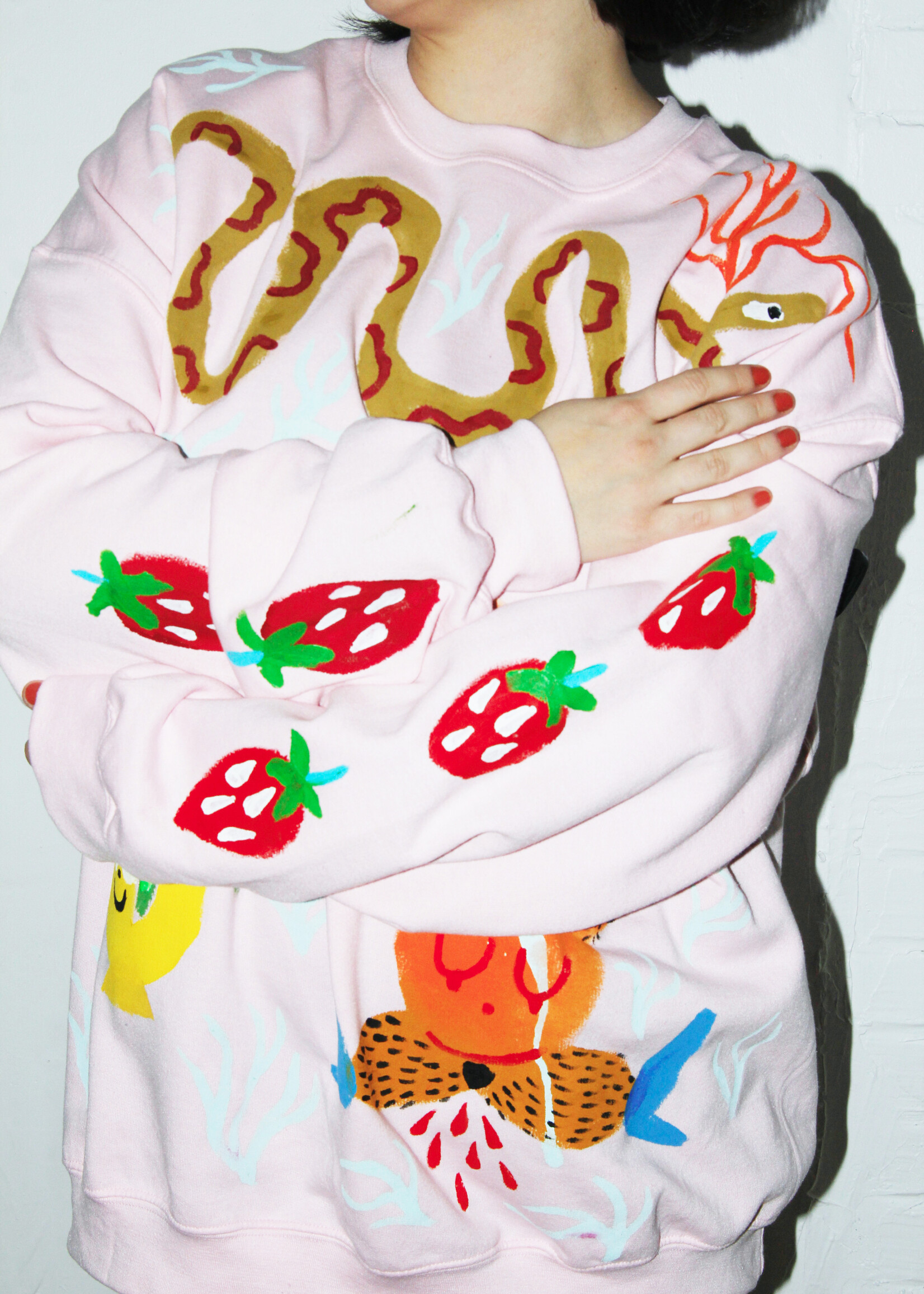 Char Bataille Char Bataille Hand Painted "Strawberry Sleeves" Crewneck