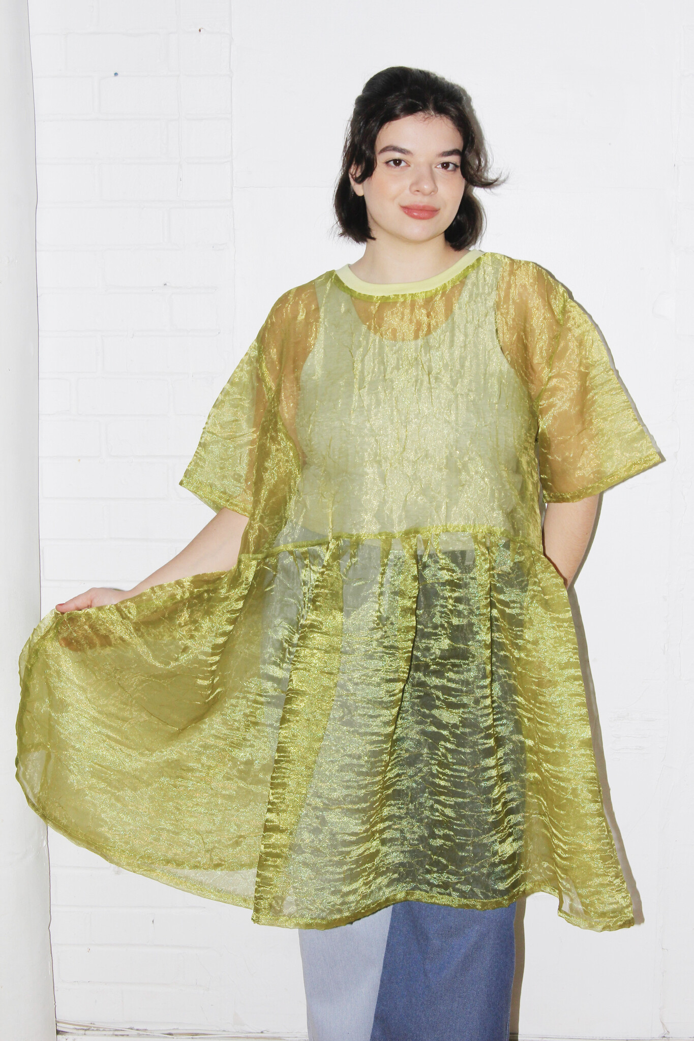 Studio Citizen Babydoll Dress in Sheer Iridescent Chartreuse - CITIZEN  VINTAGE