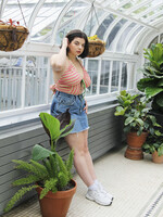 Studio Citizen Upcycled Tie-Back Halter Top in Pink and Green Stripes