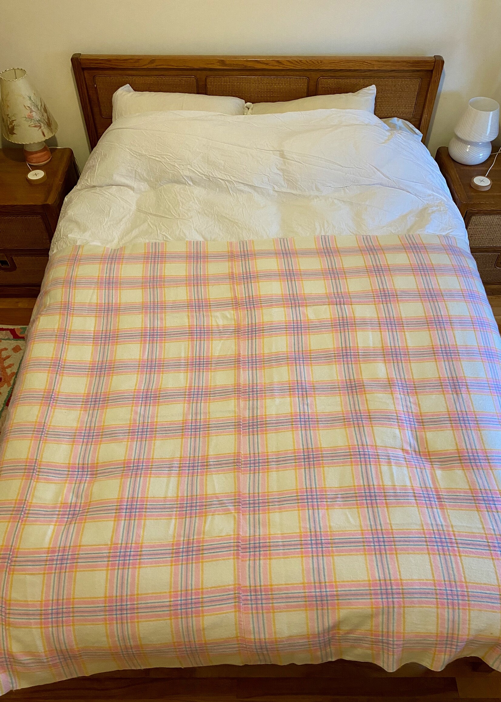 Vintage Pink and Orange Plaid Blanket, Wool Blanket, Throw Blanket