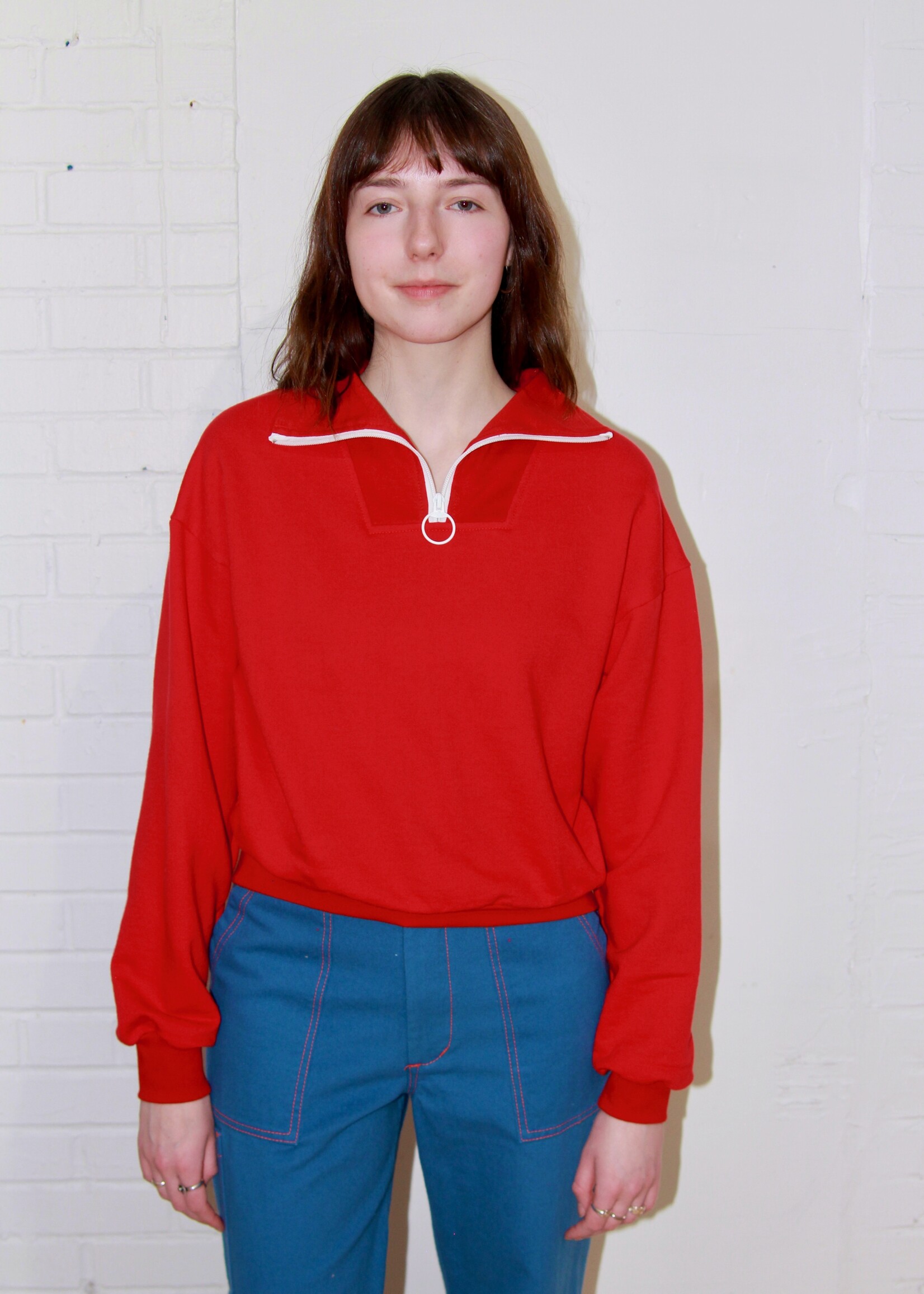 Studio Citizen Half Zip Sweater in Red with White Zipper