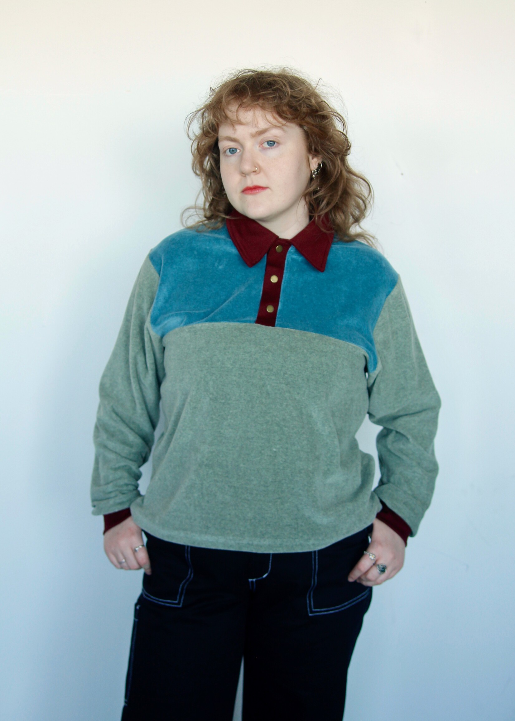 Studio Citizen Studio Citizen Polo Sweater - in Sage Velour and Burgundy Rib