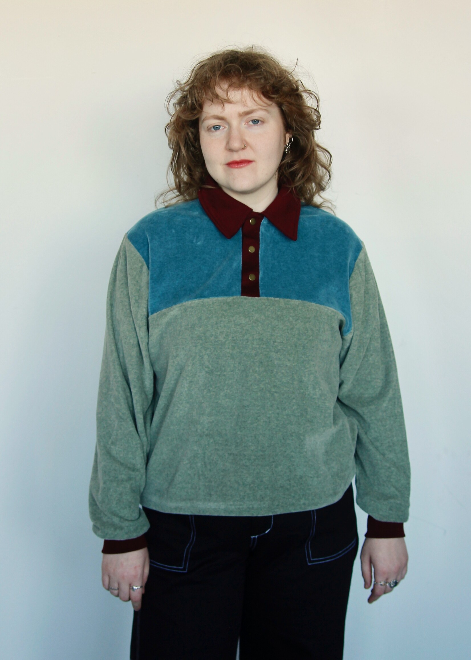 Studio Citizen Studio Citizen Polo Sweater - in Sage Velour and Burgundy Rib