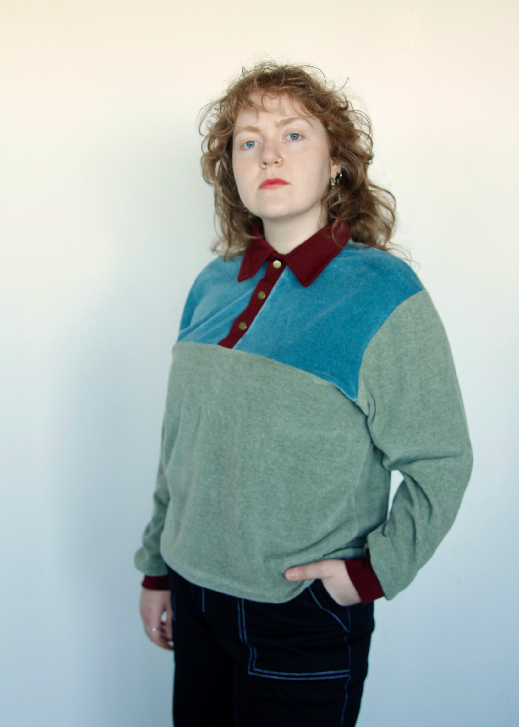 Studio Citizen Studio Citizen Polo Sweater - in Sage Velour and Burgundy Rib