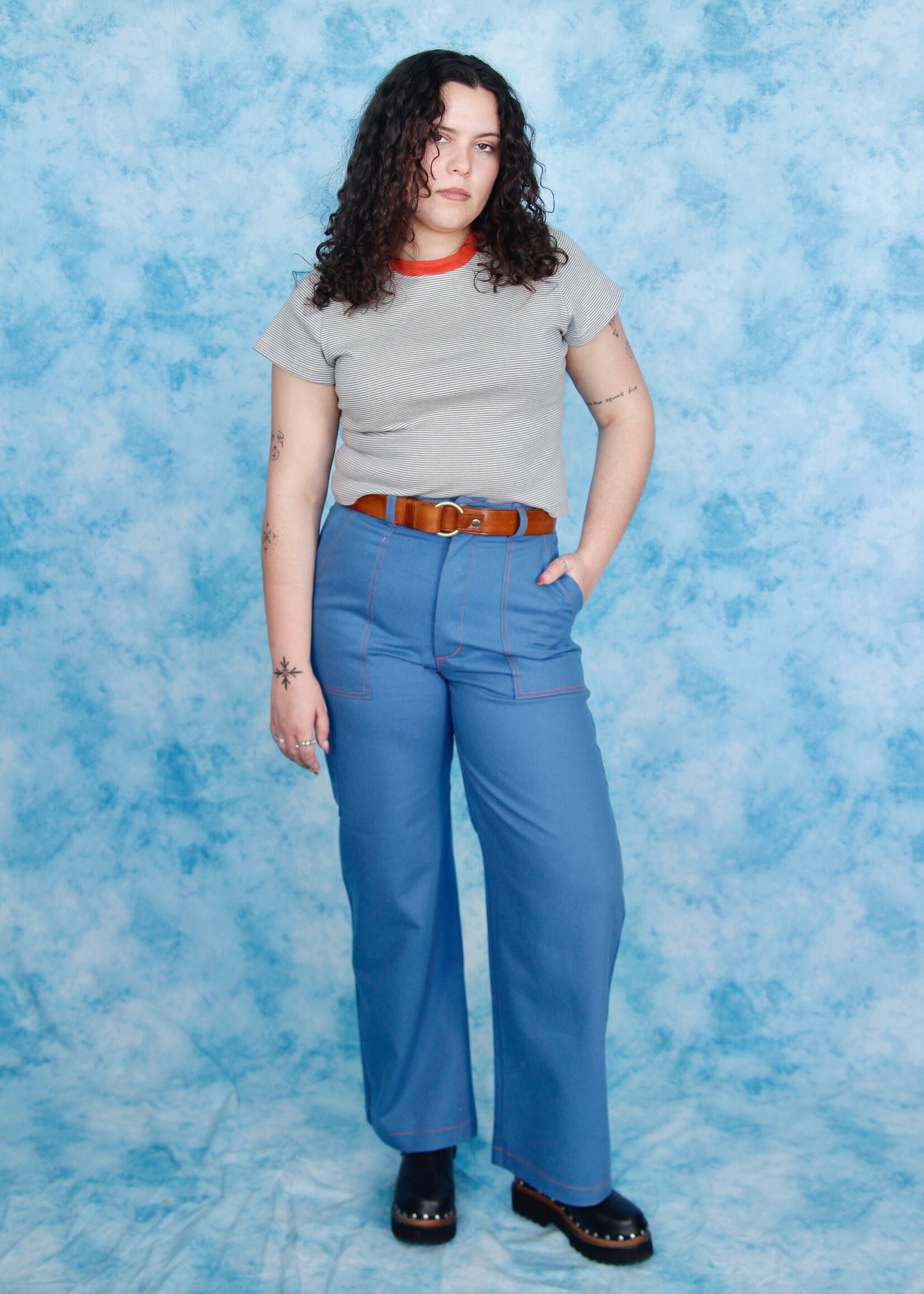 Studio Citizen Carpenter Pants in Blue with Orange Top Stitch