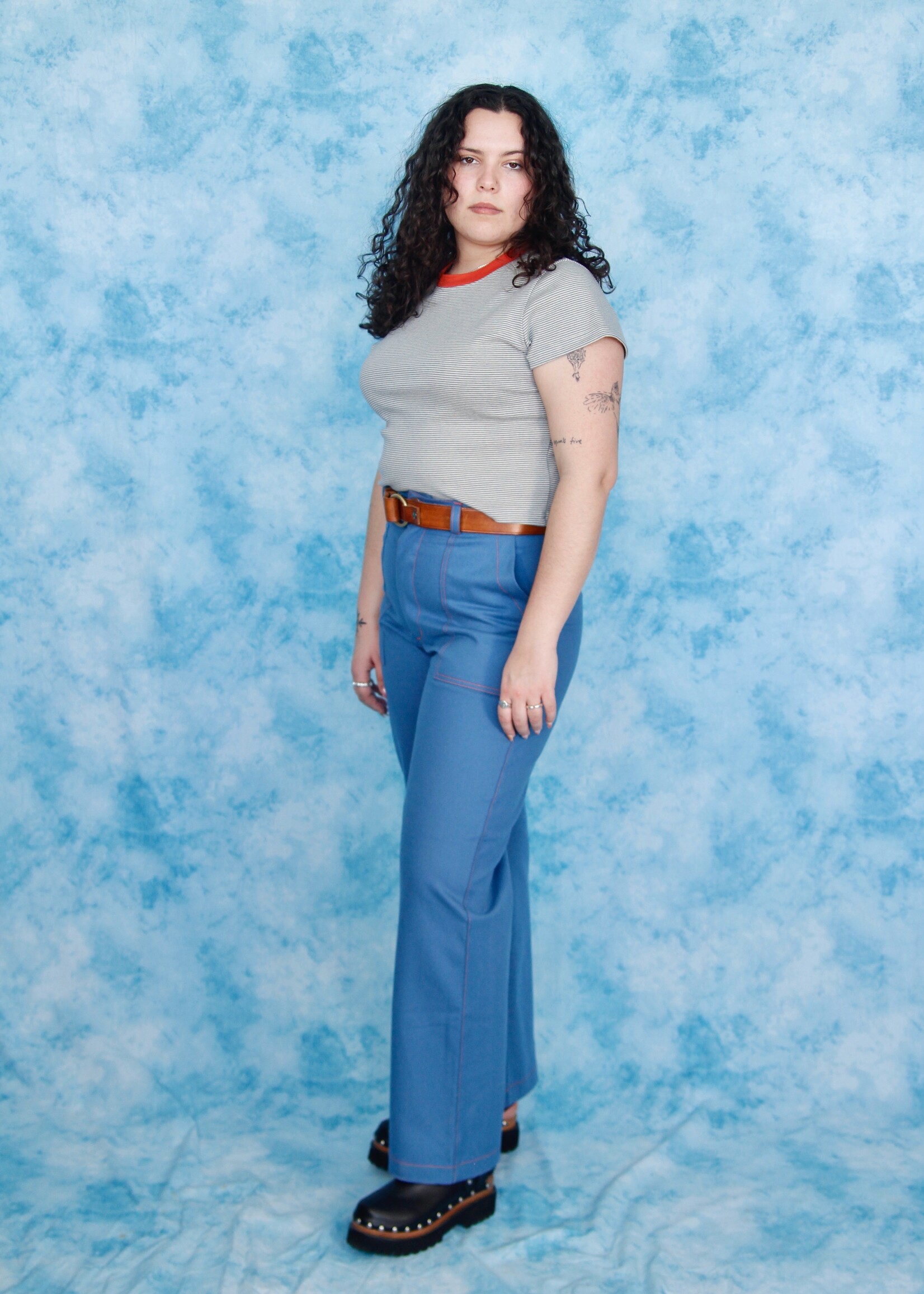 Studio Citizen Carpenter Pants in Blue with Orange Top Stitch