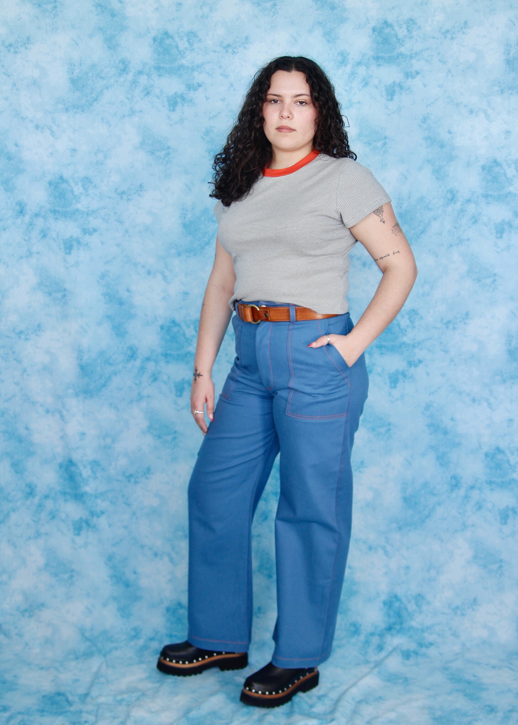 Studio Citizen Carpenter Pants in Blue with Orange Top Stitch
