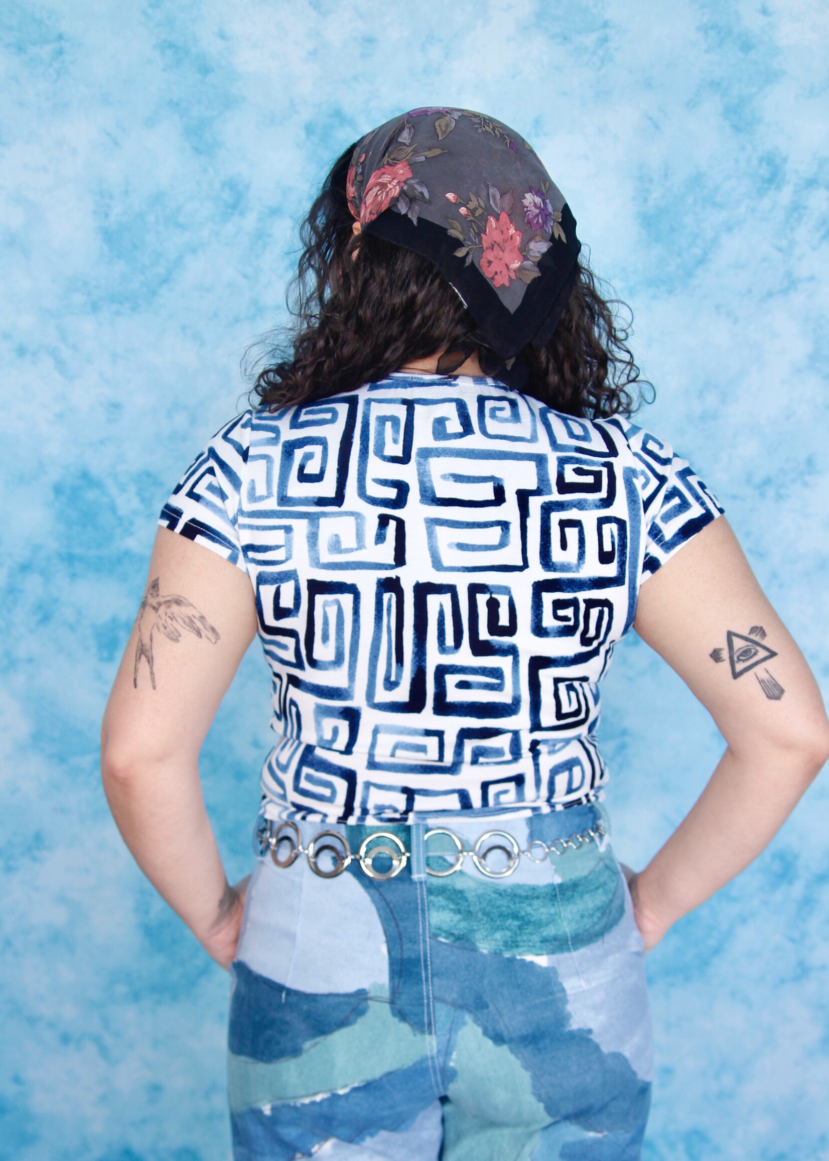 Studio Citizen Studio Citizen Baby Tee in White with Blue Square Spirals