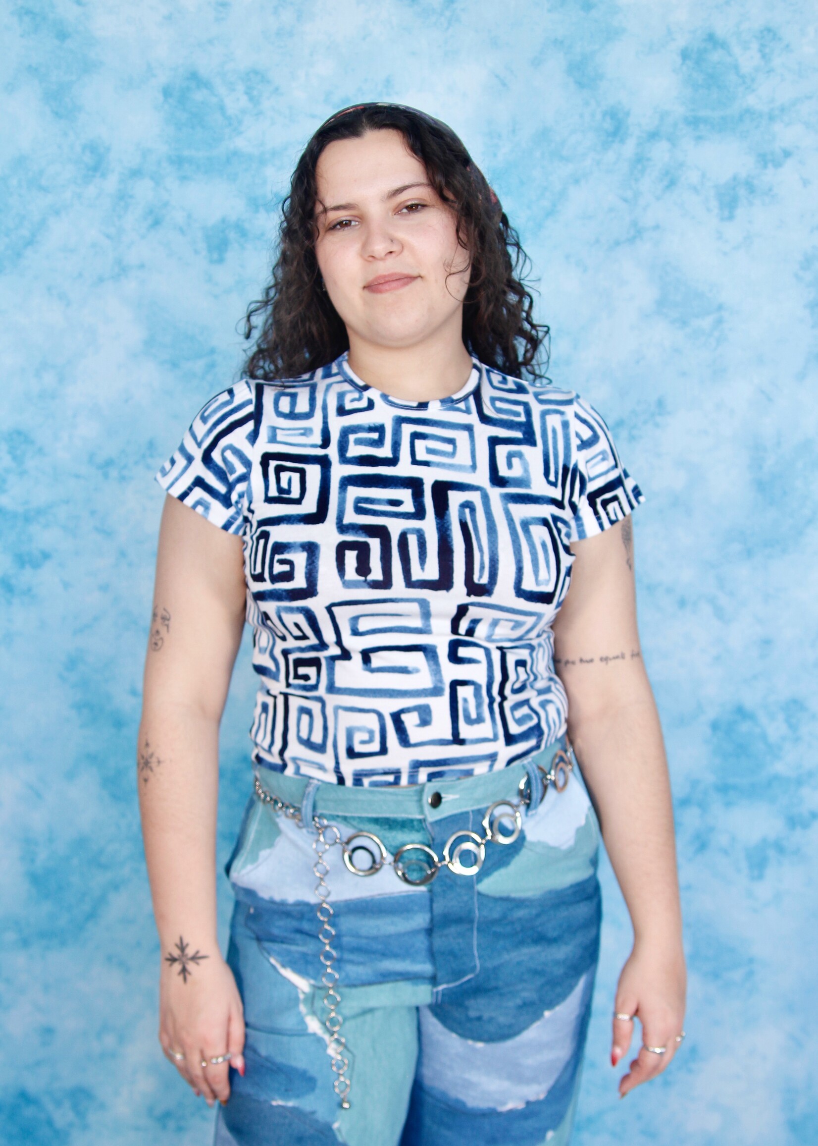 Studio Citizen Studio Citizen Baby Tee in White with Blue Square Spirals