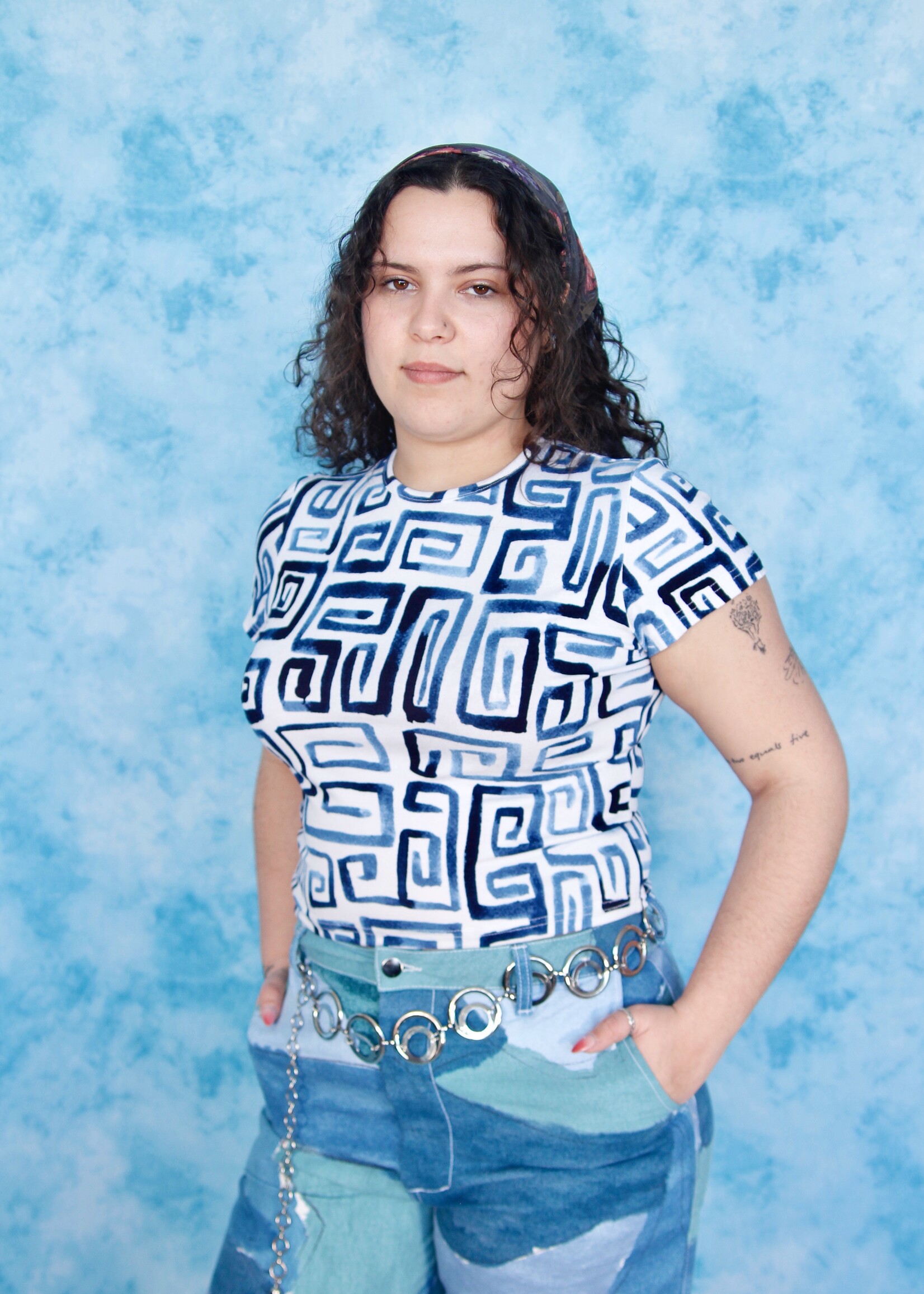 Studio Citizen Studio Citizen Baby Tee in White with Blue Square Spirals