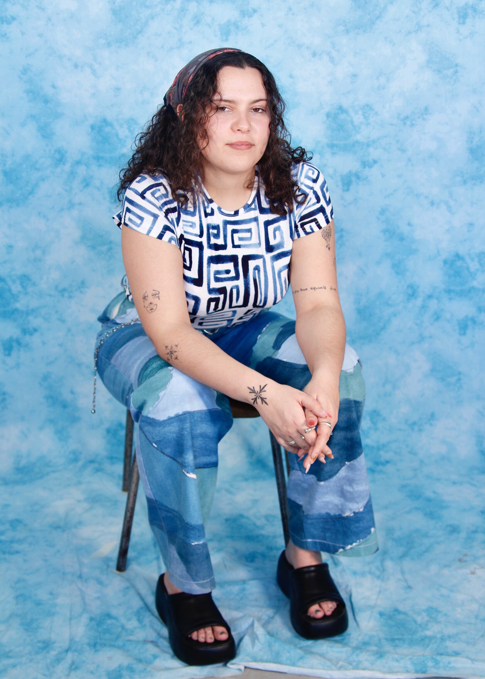 Studio Citizen Studio Citizen Baby Tee in White with Blue Square Spirals