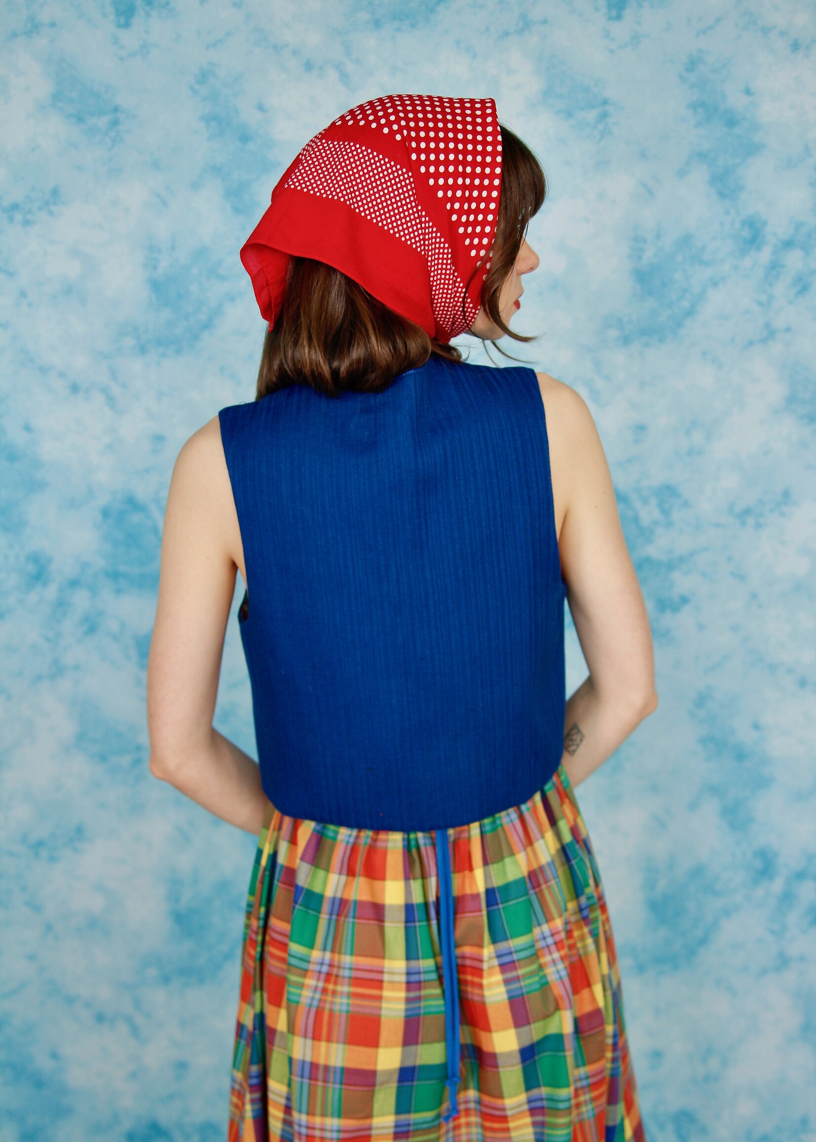 Studio Citizen Studio Citizen Upcycled Fitted Vest in Royal Blue and Colourful Plaid