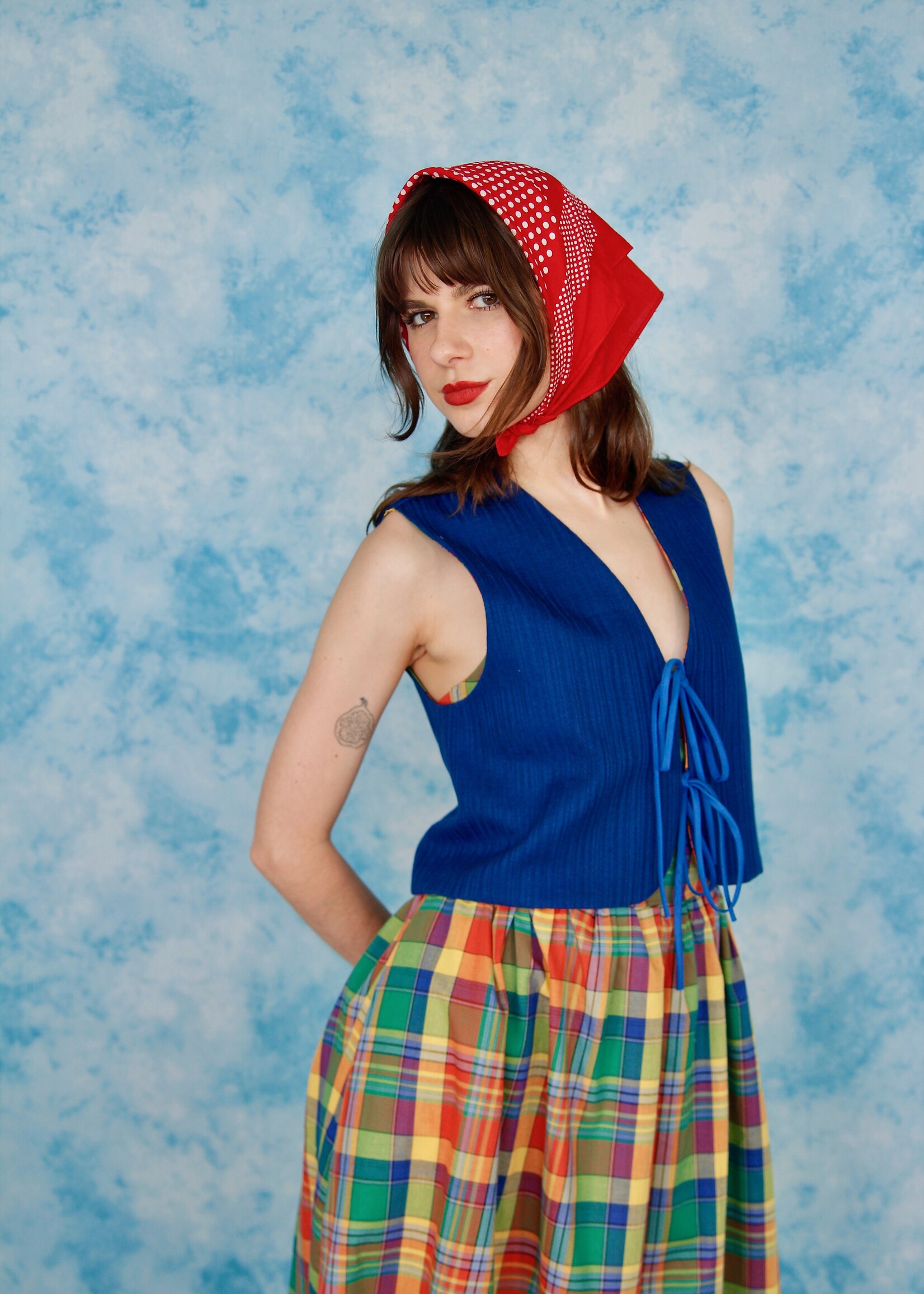 Studio Citizen Studio Citizen Upcycled Fitted Vest in Royal Blue and Colourful Plaid