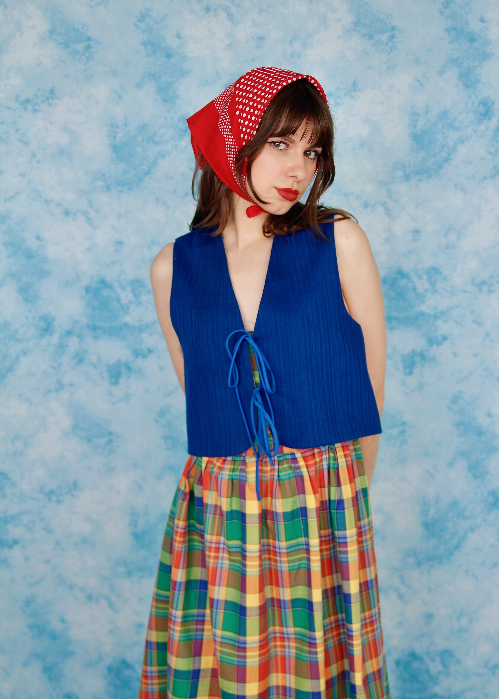 Studio Citizen Studio Citizen Upcycled Fitted Vest in Royal Blue and Colourful Plaid