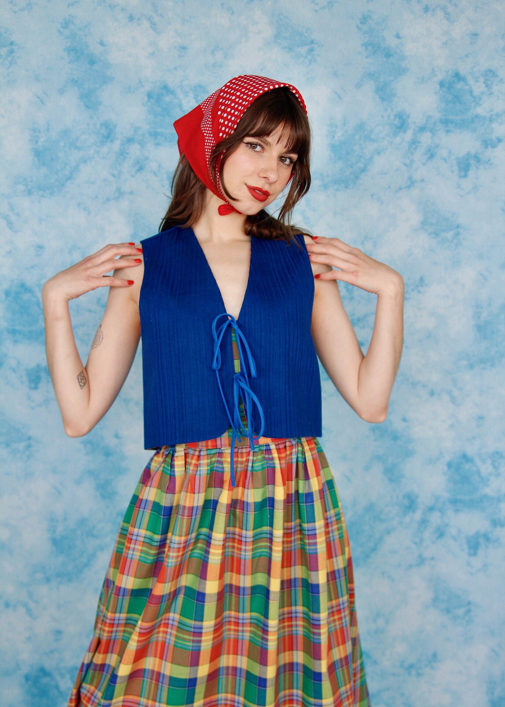 Studio Citizen Studio Citizen Upcycled Fitted Vest in Royal Blue and Colourful Plaid