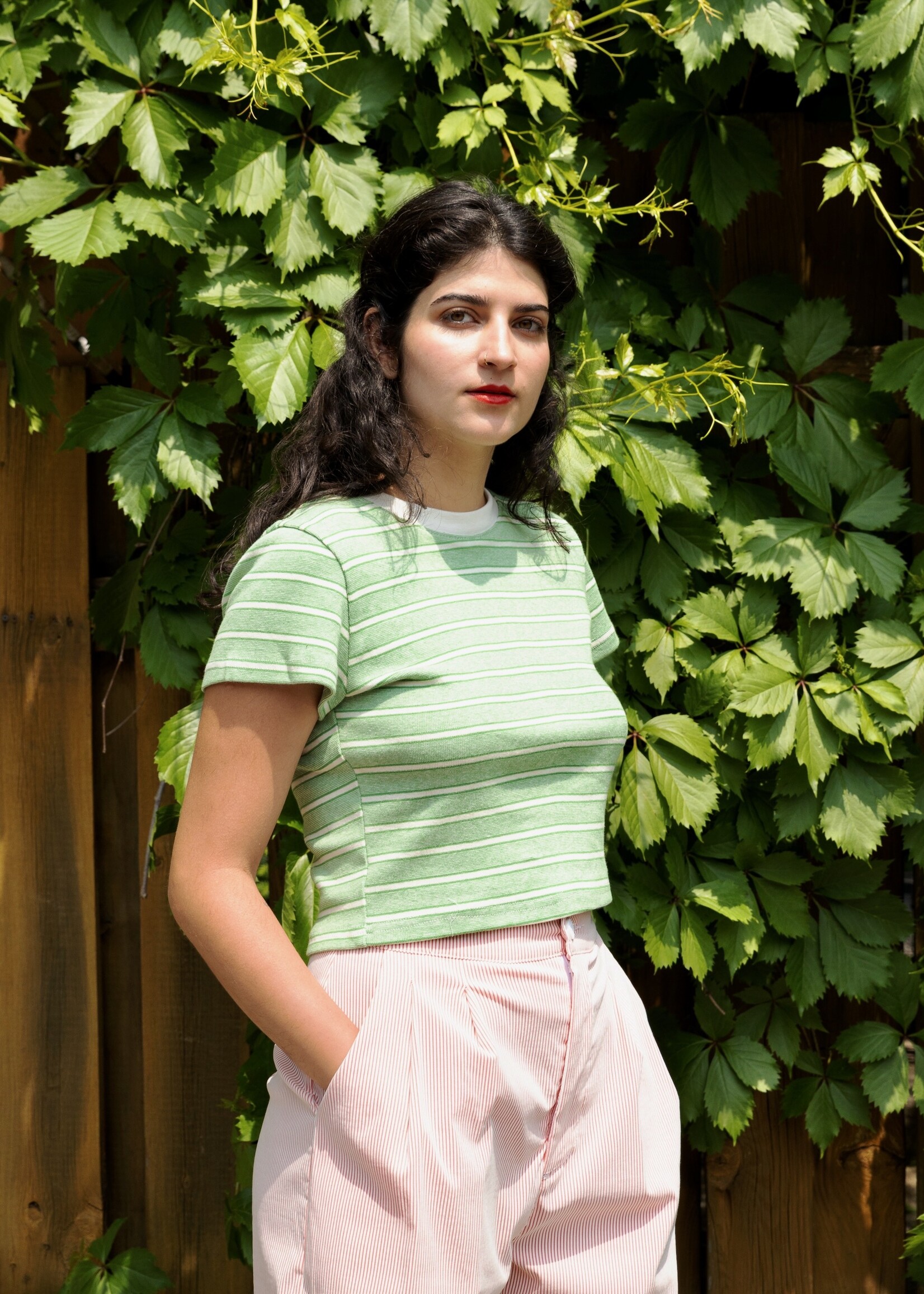 Studio Citizen Studio Citizen Baby Tee in Green Stripe and Cream Rib