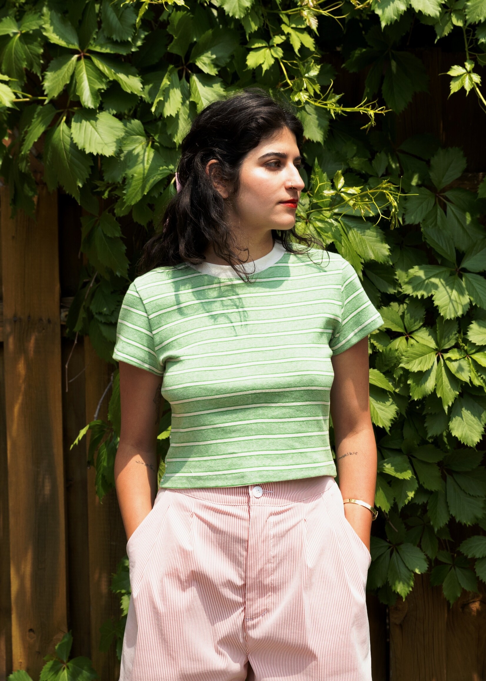 Studio Citizen Studio Citizen Baby Tee in Green Stripe and Cream Rib