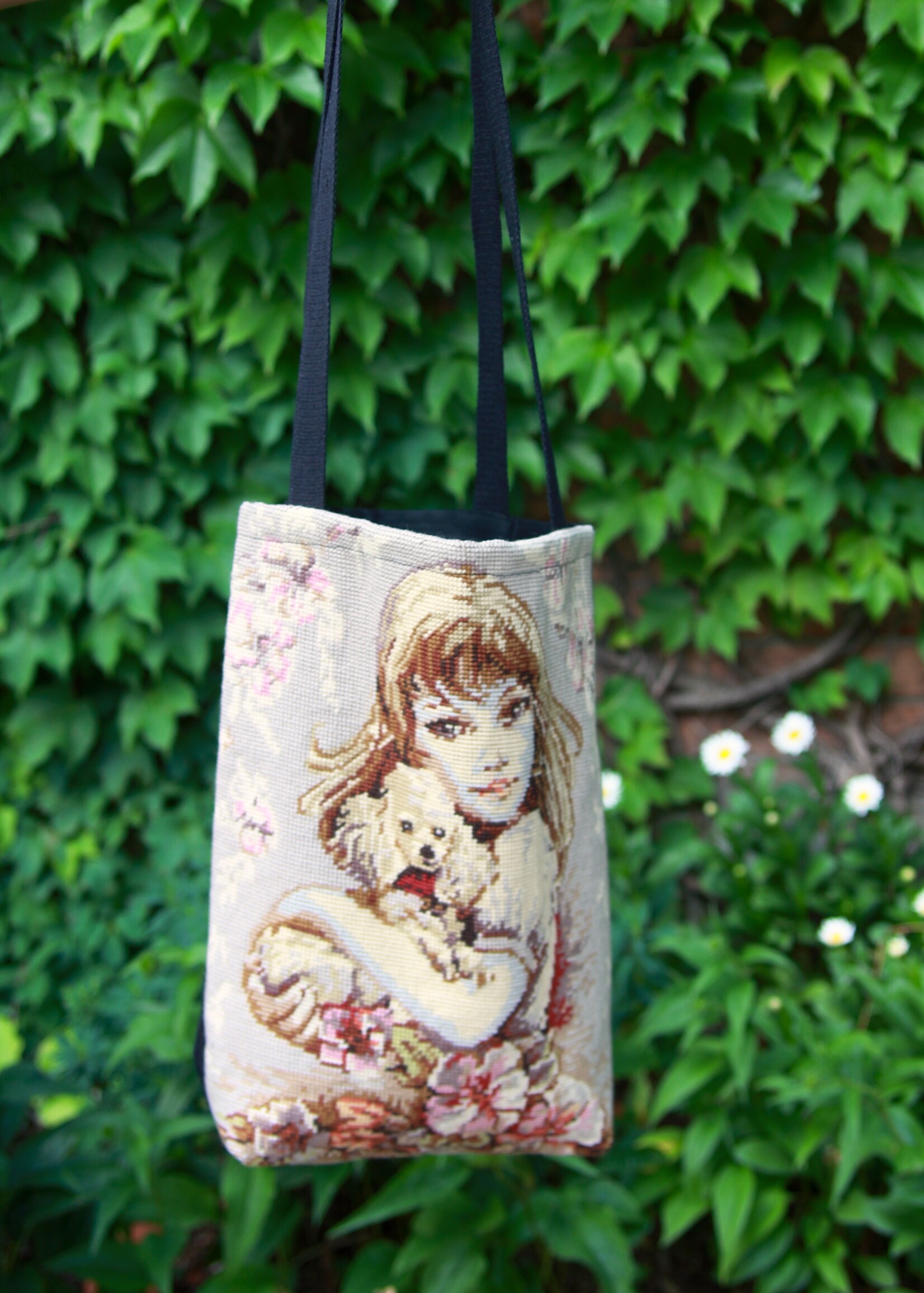 Studio Citizen Studio Citizen Upcycled Cross-Stitch Tote Bag - Girl and her Pup