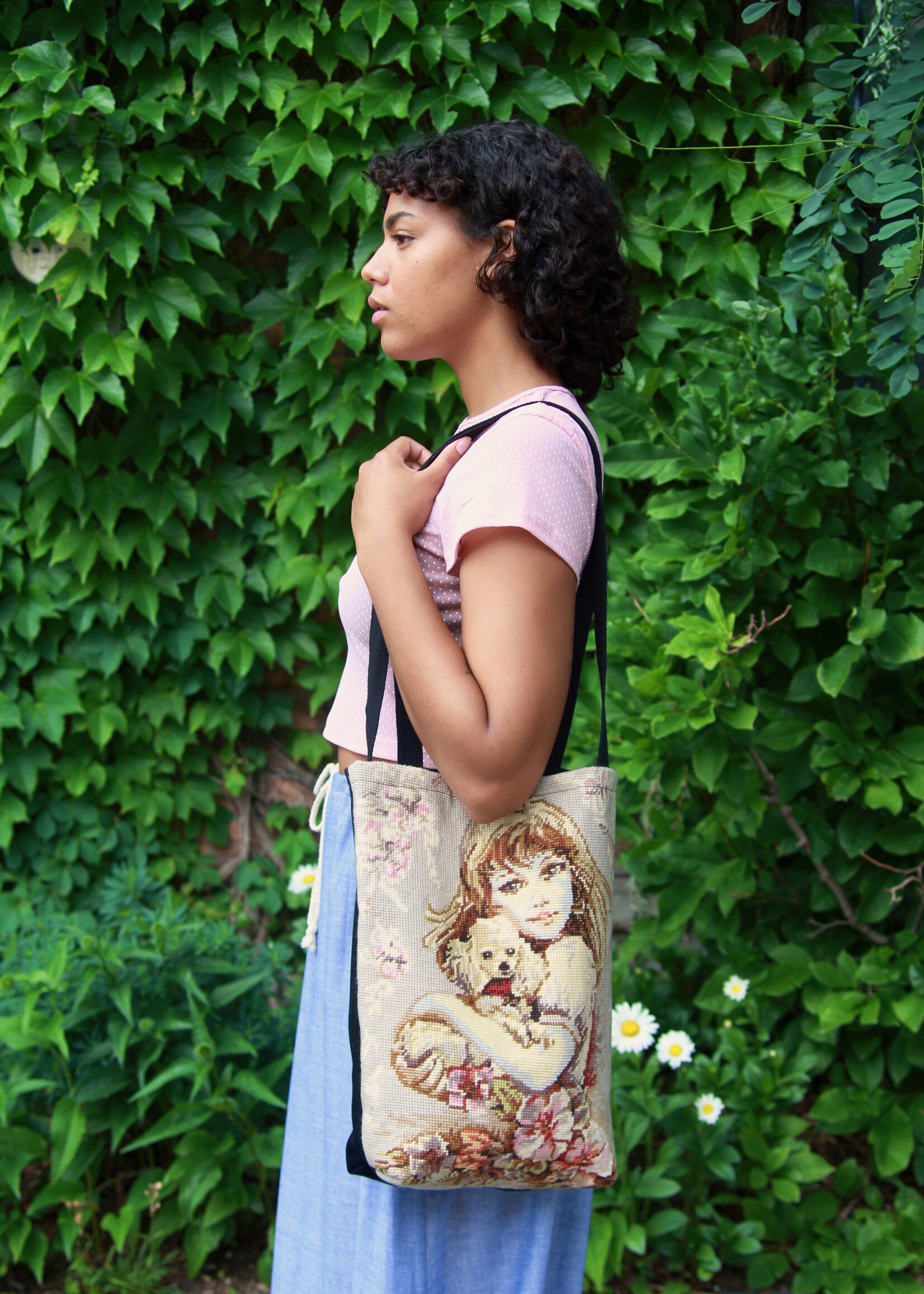 Studio Citizen Studio Citizen Upcycled Cross-Stitch Tote Bag - Girl and her Pup
