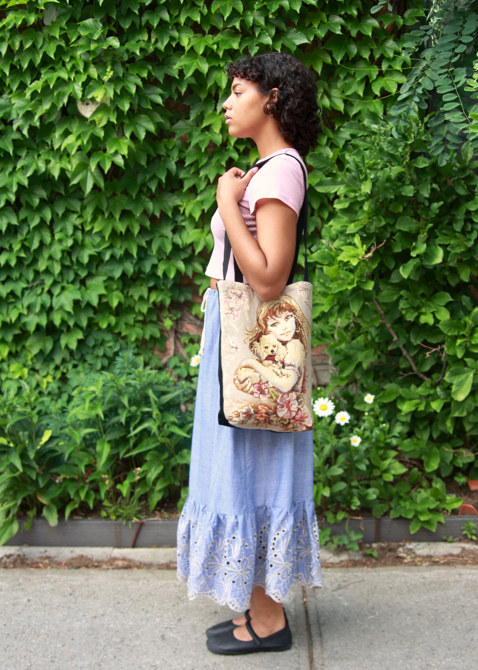 Studio Citizen Studio Citizen Upcycled Cross-Stitch Tote Bag - Girl and her Pup