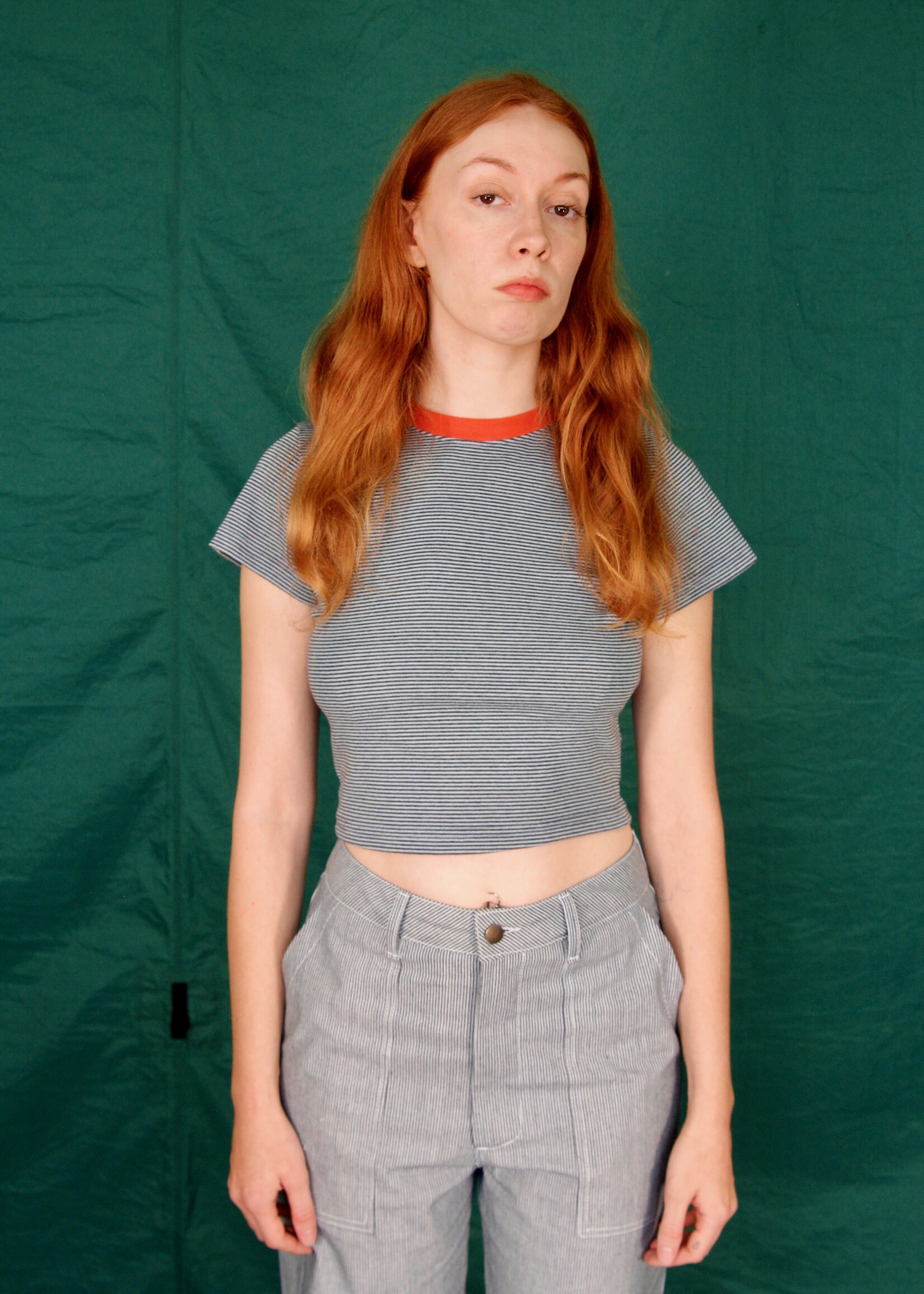 Studio Citizen Studio Citizen Baby Tee in Blue Stripe with Orange Rib