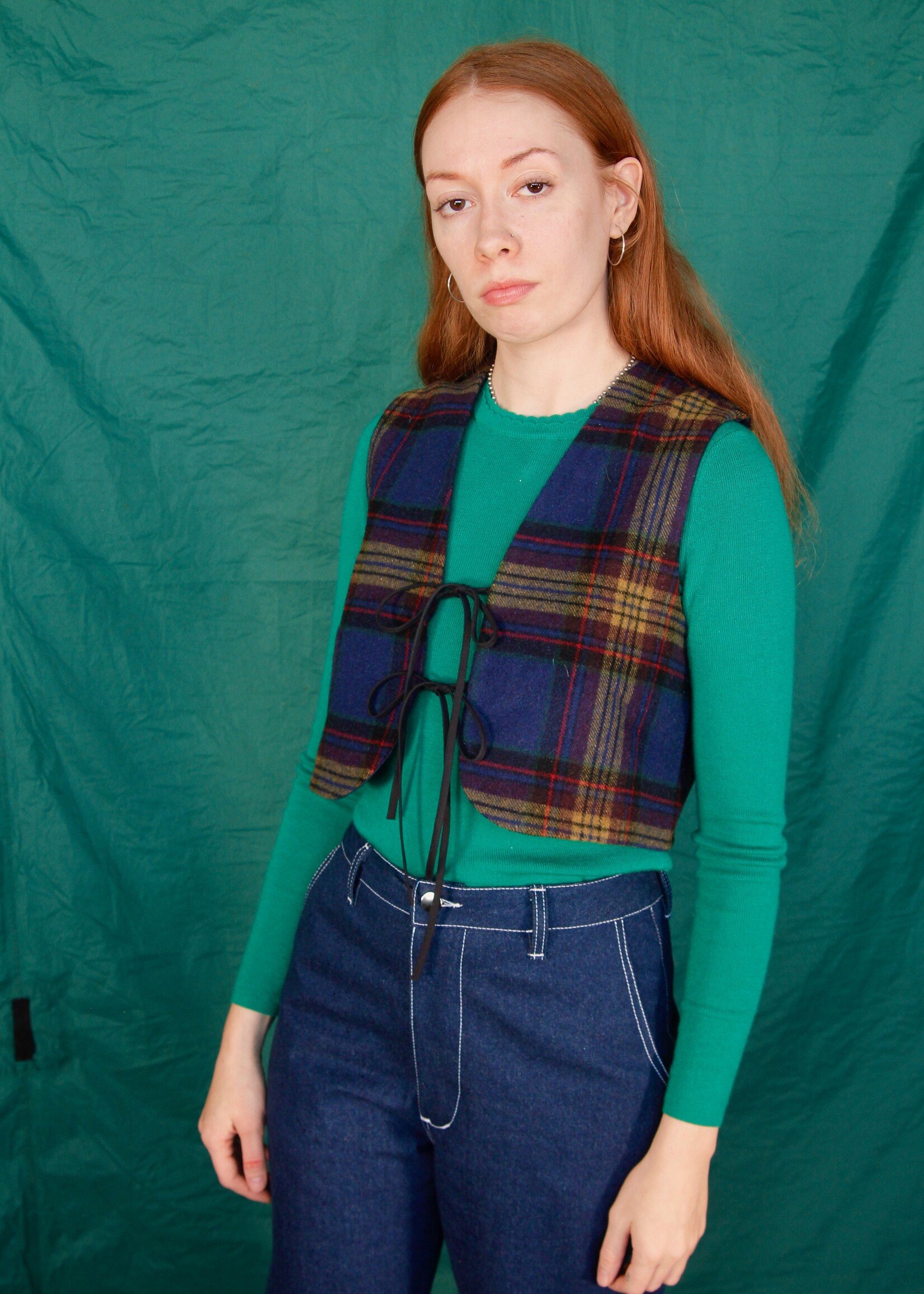 Studio Citizen Studio Citizen Tie Vest in Blue Plaid Wool