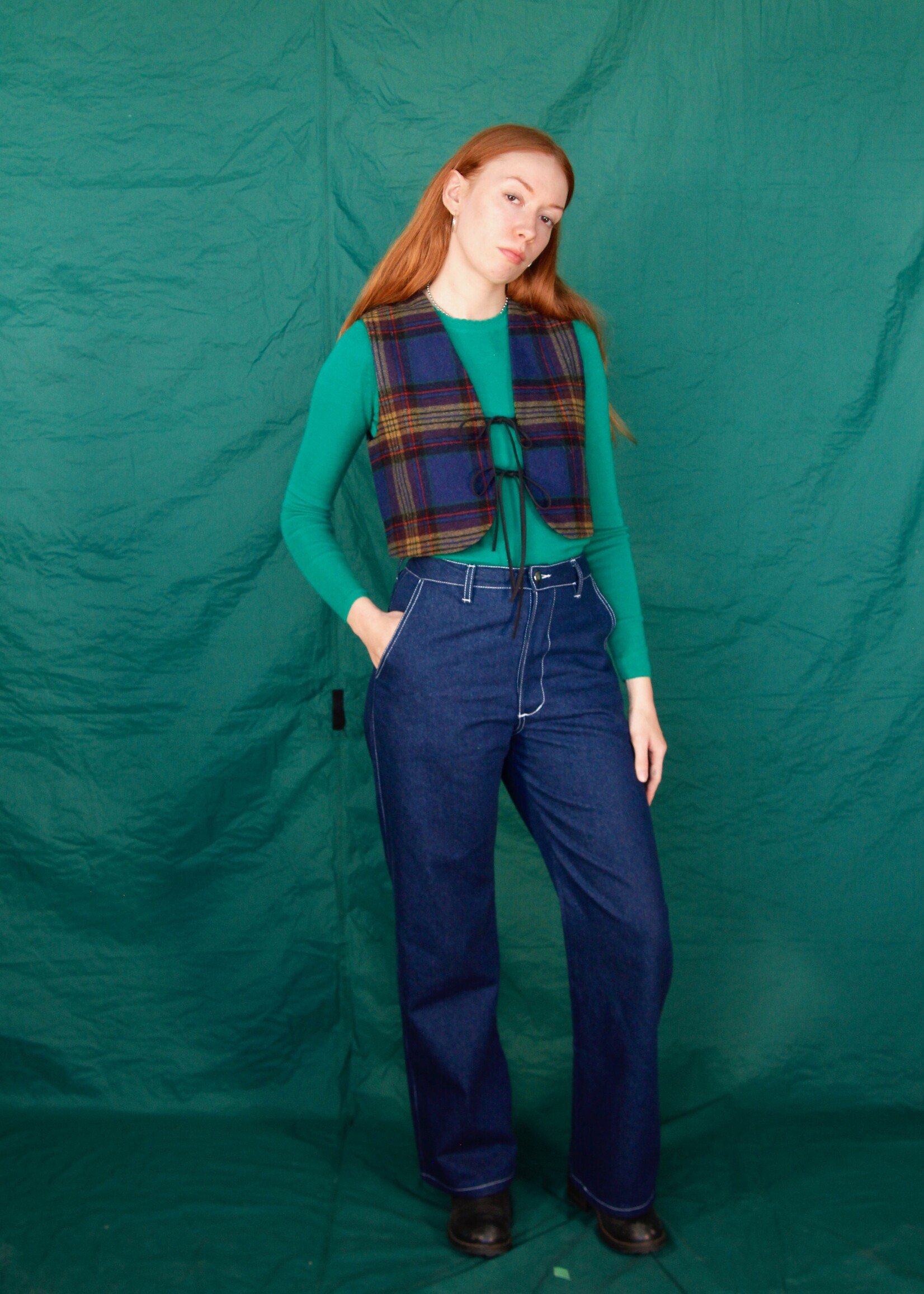 Studio Citizen Studio Citizen Tie Vest in Blue Plaid Wool