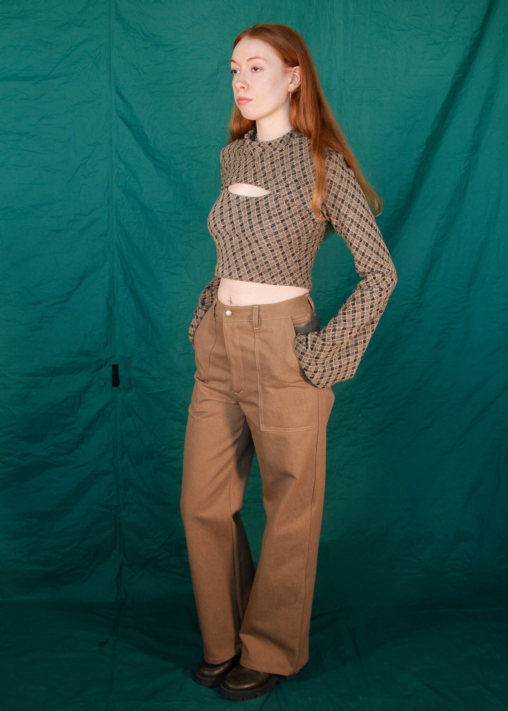 Studio Citizen Studio Citizen Shrug and Tank Top Combo in Green and Beige Plaid