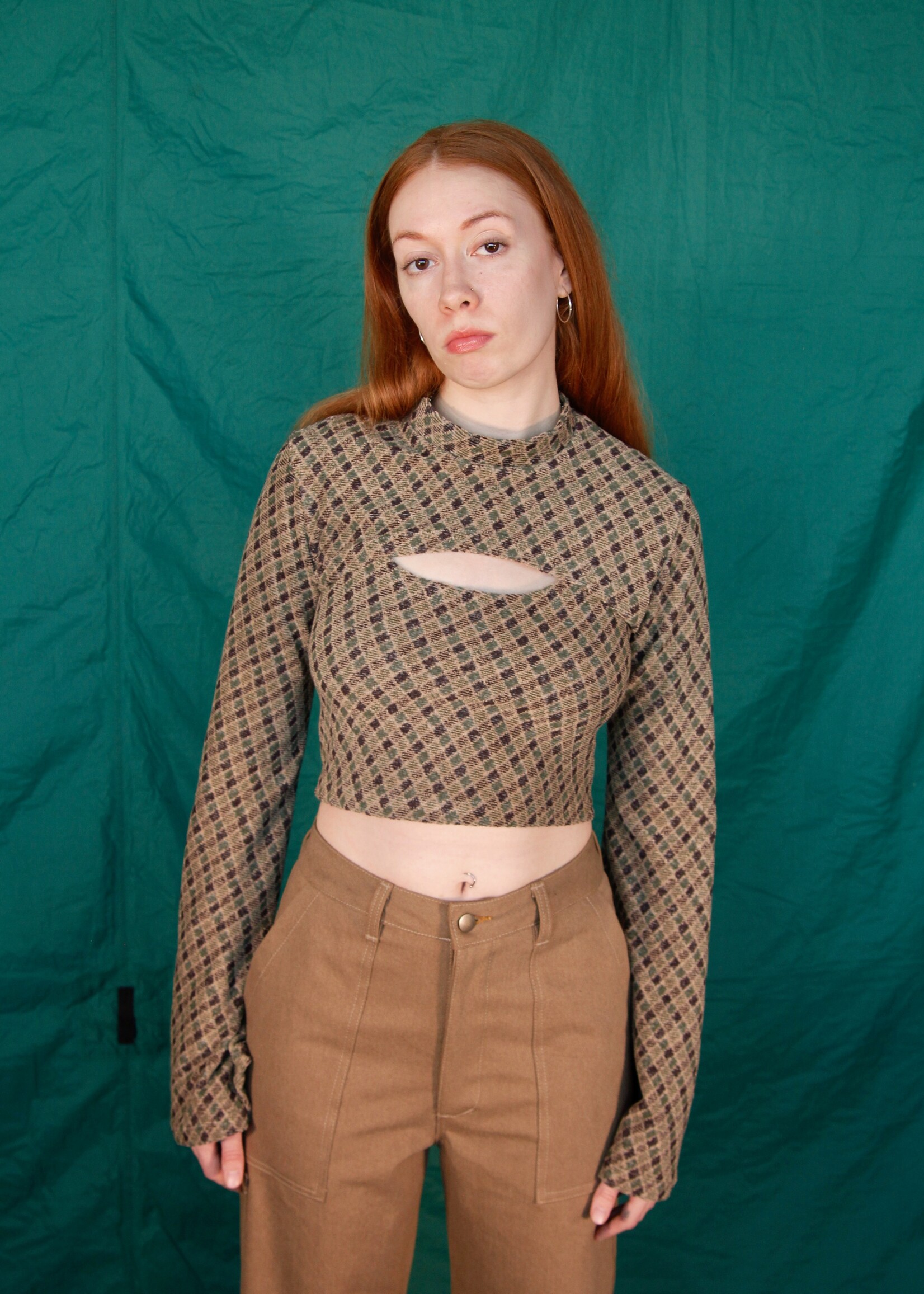 Studio Citizen Studio Citizen Shrug and Tank Top Combo in Green and Beige Plaid