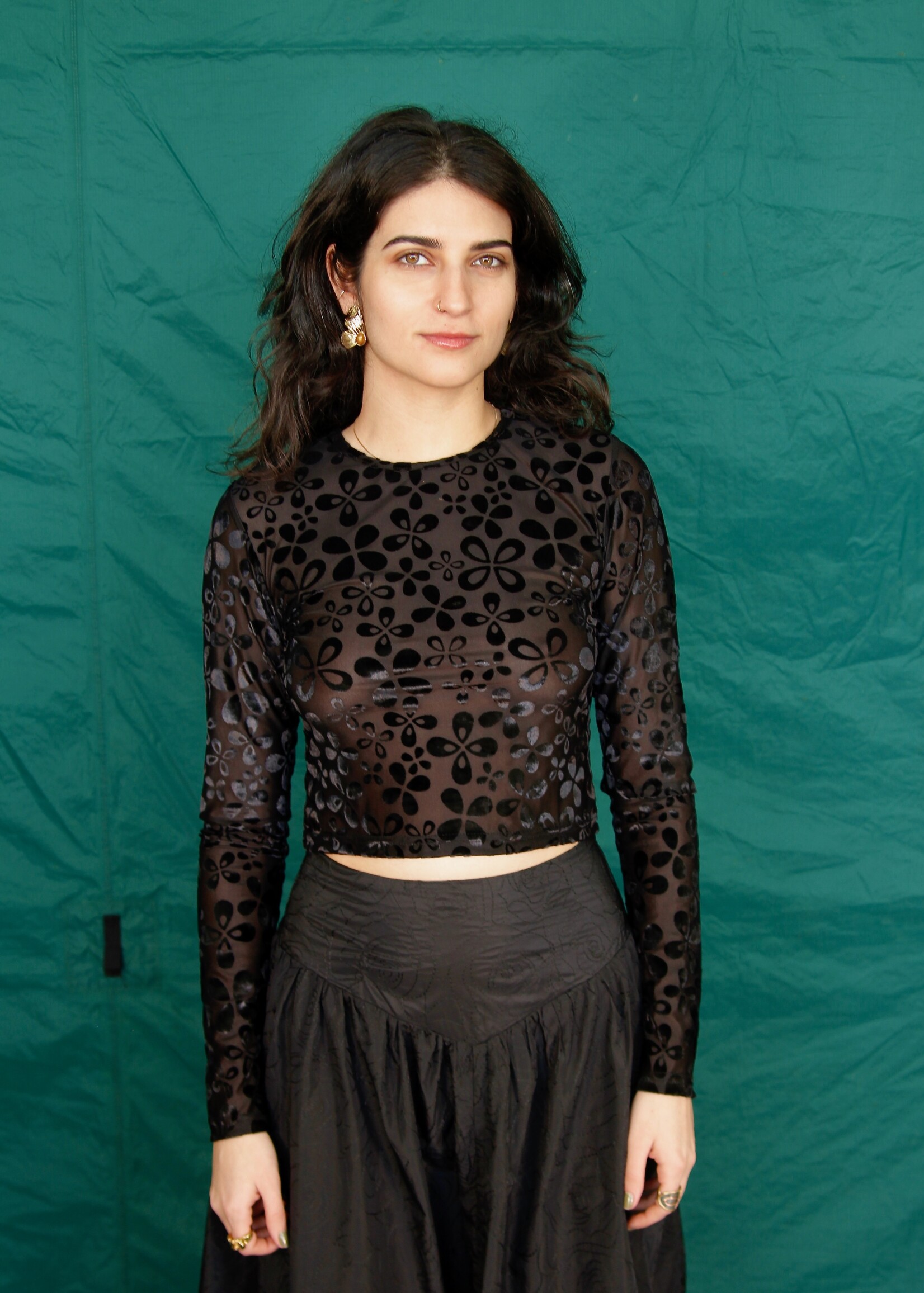 Studio Citizen Studio Citizen Long Sleeve Baby Tee- Black Velvet Mesh