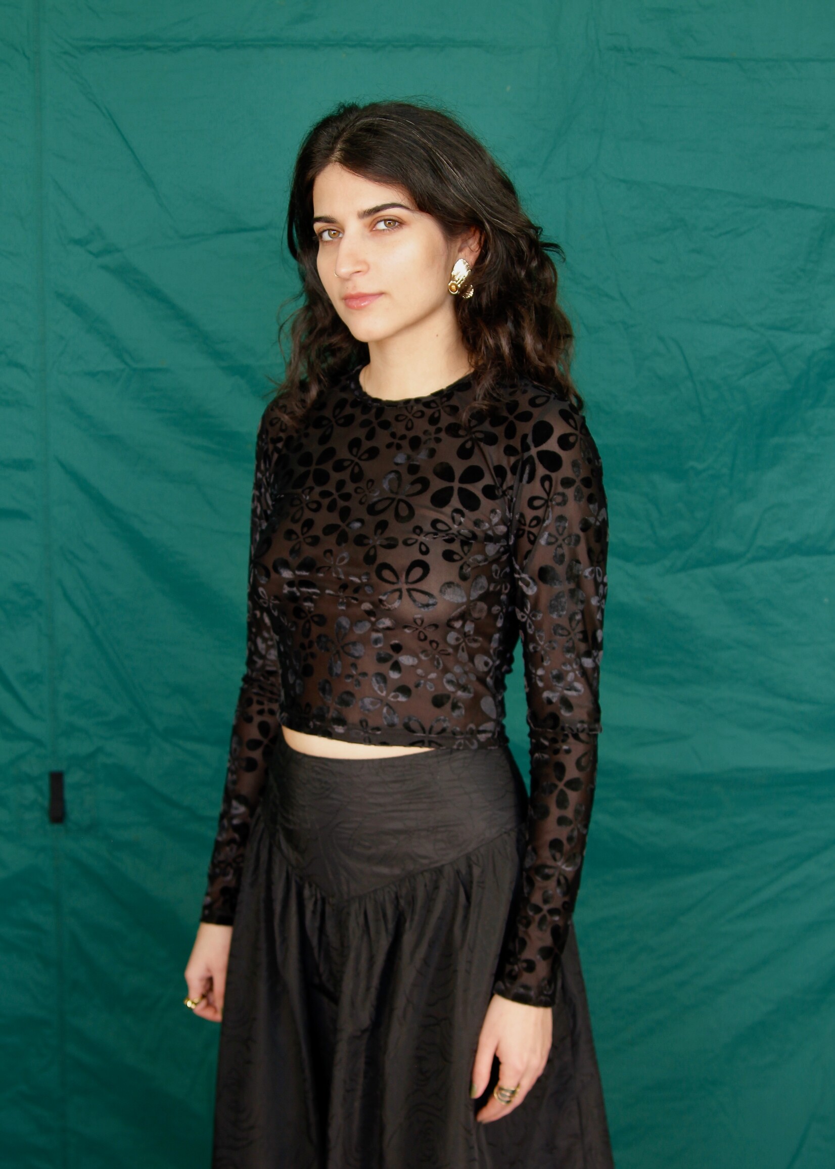 Studio Citizen Studio Citizen Long Sleeve Baby Tee- Black Velvet Mesh