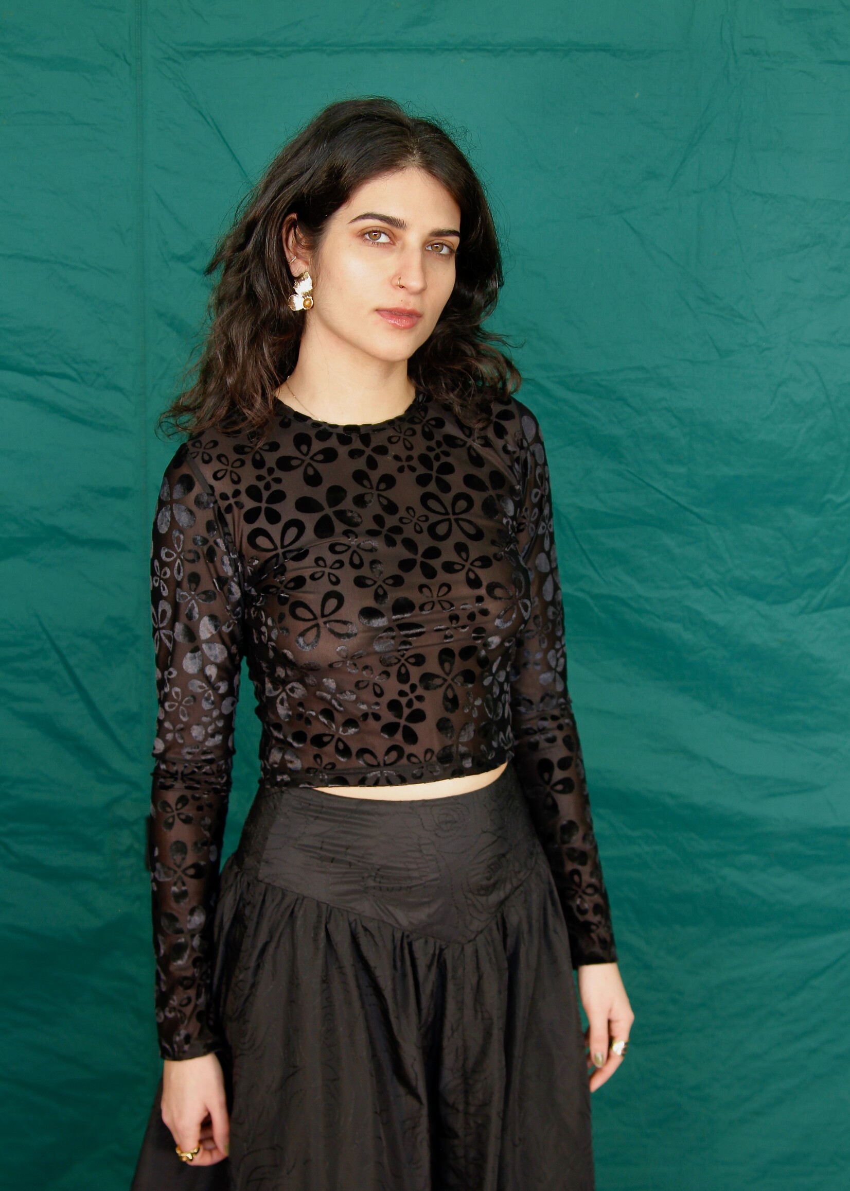 Studio Citizen Studio Citizen Long Sleeve Baby Tee- Black Velvet Mesh