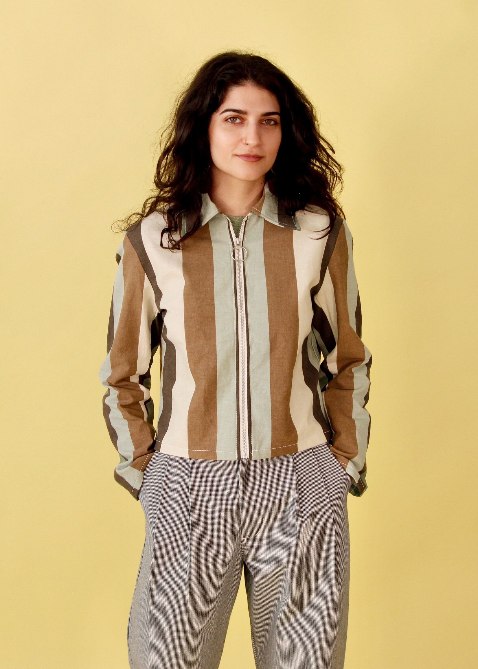 Studio Citizen Studio Citizen Zipper Jacket in Teal and Brown Stripe