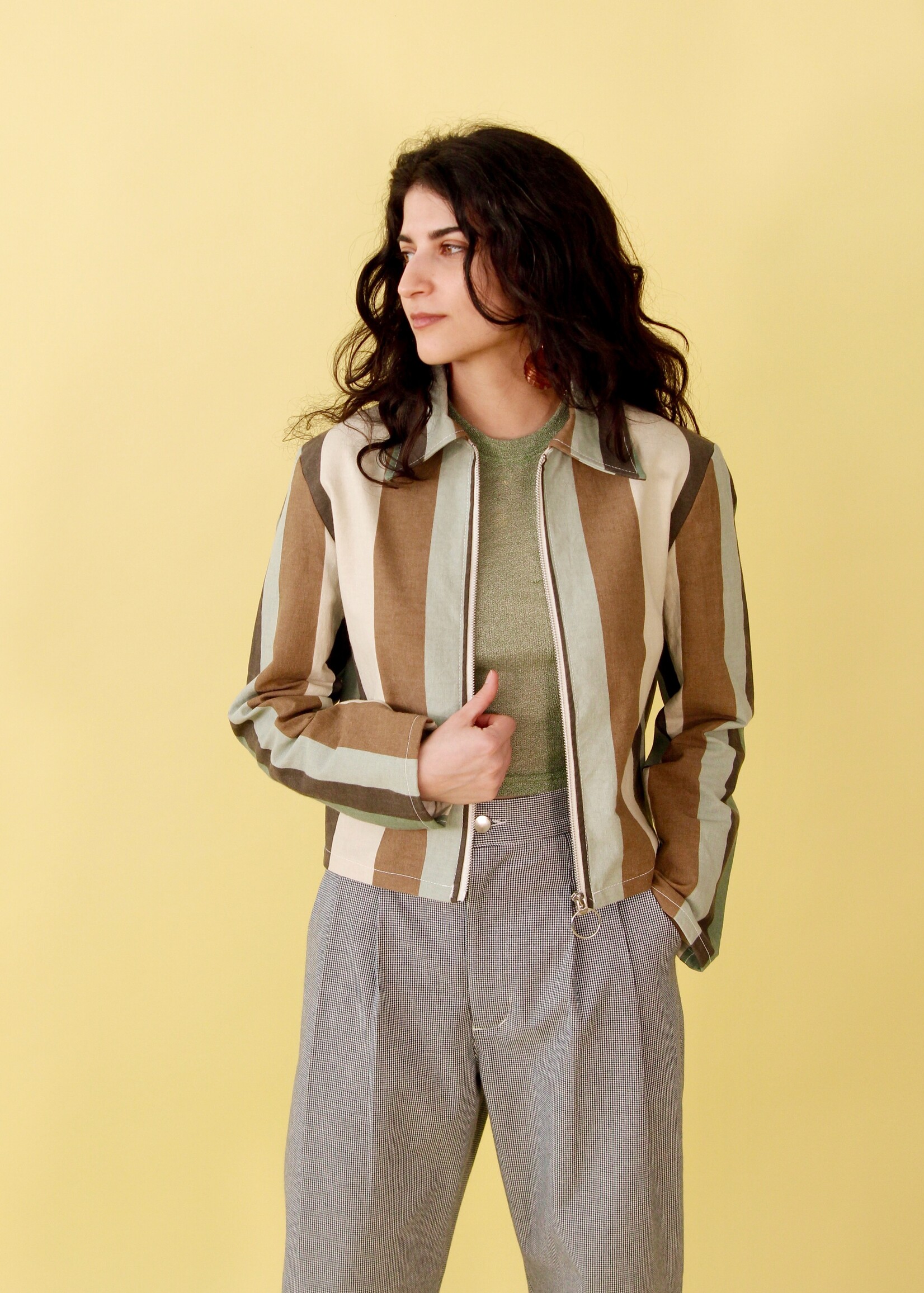 Studio Citizen Studio Citizen Zipper Jacket in Teal and Brown Stripe