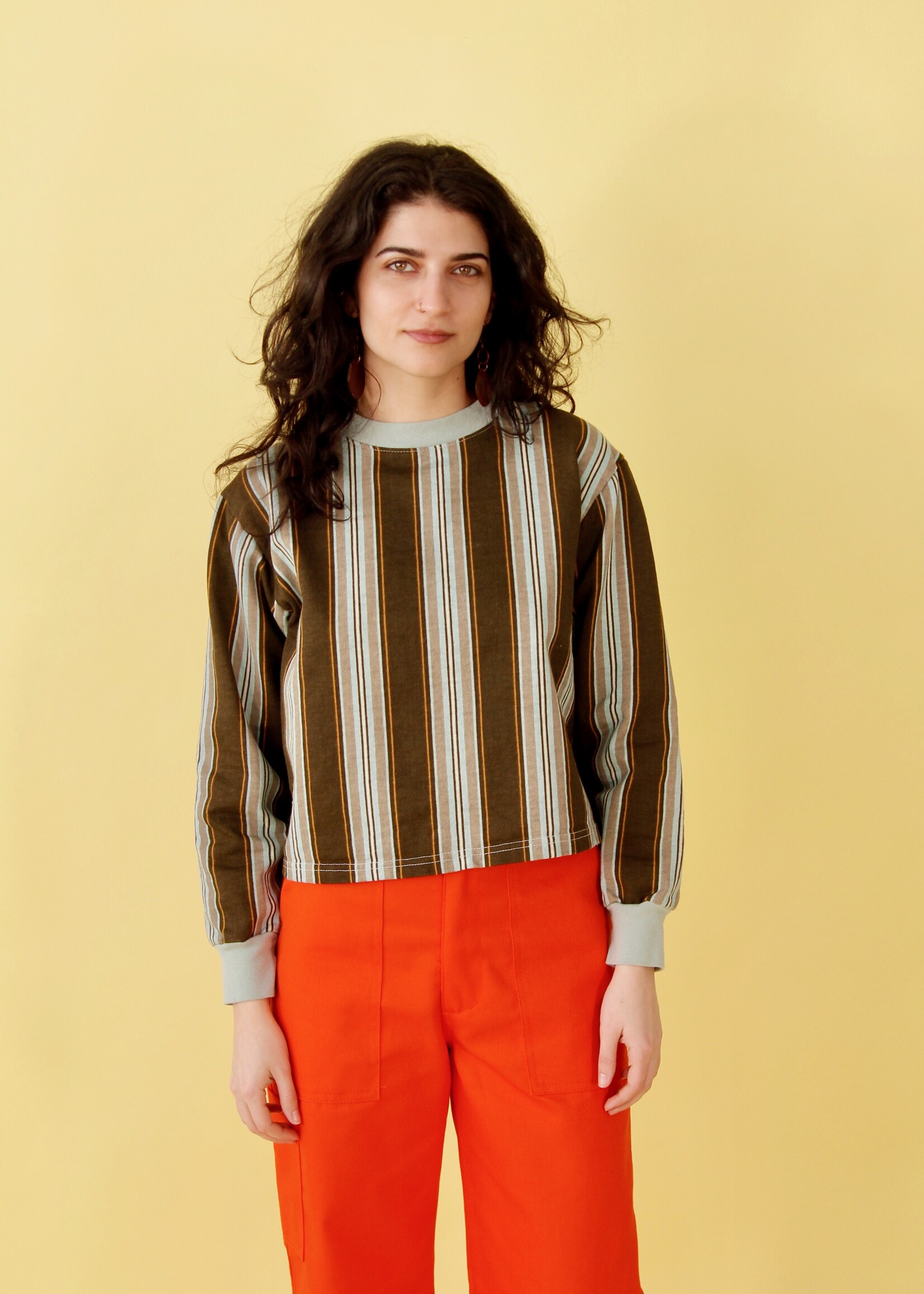 Studio Citizen Studio Citizen Crewneck Sweater Flat Hem in Brown and Blue Stripe