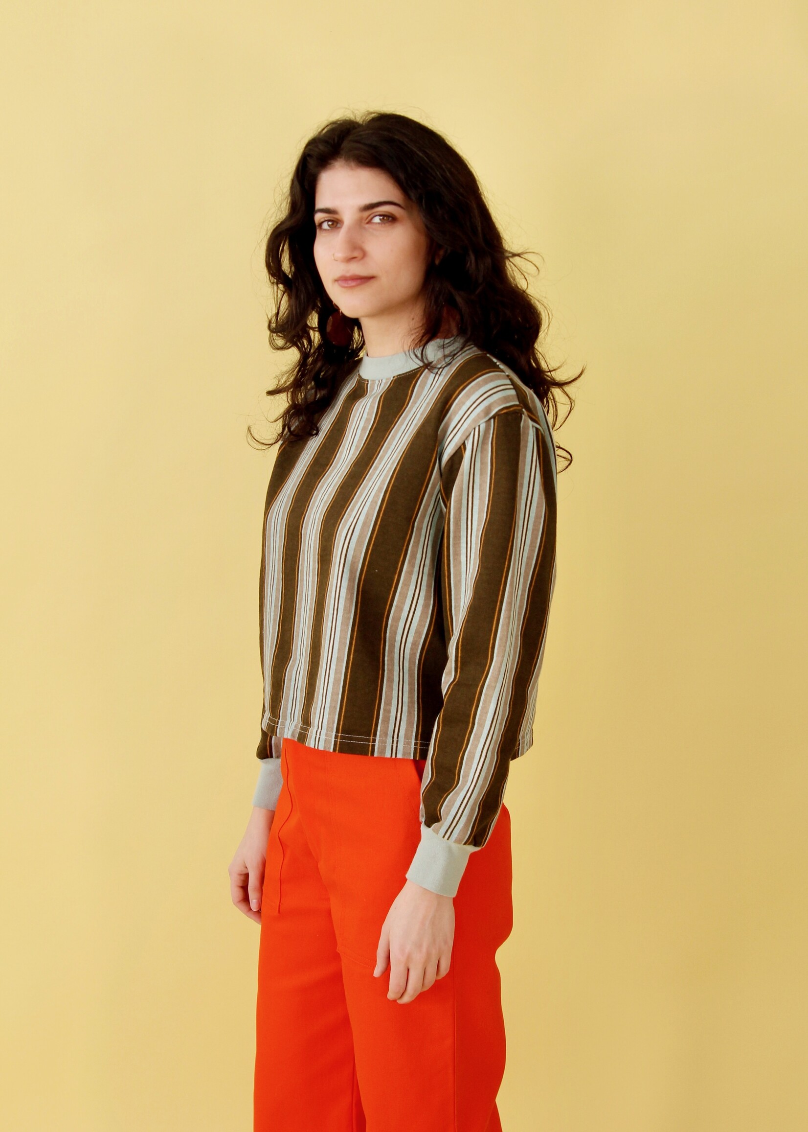 Studio Citizen Studio Citizen Crewneck Sweater Flat Hem in Brown and Blue Stripe