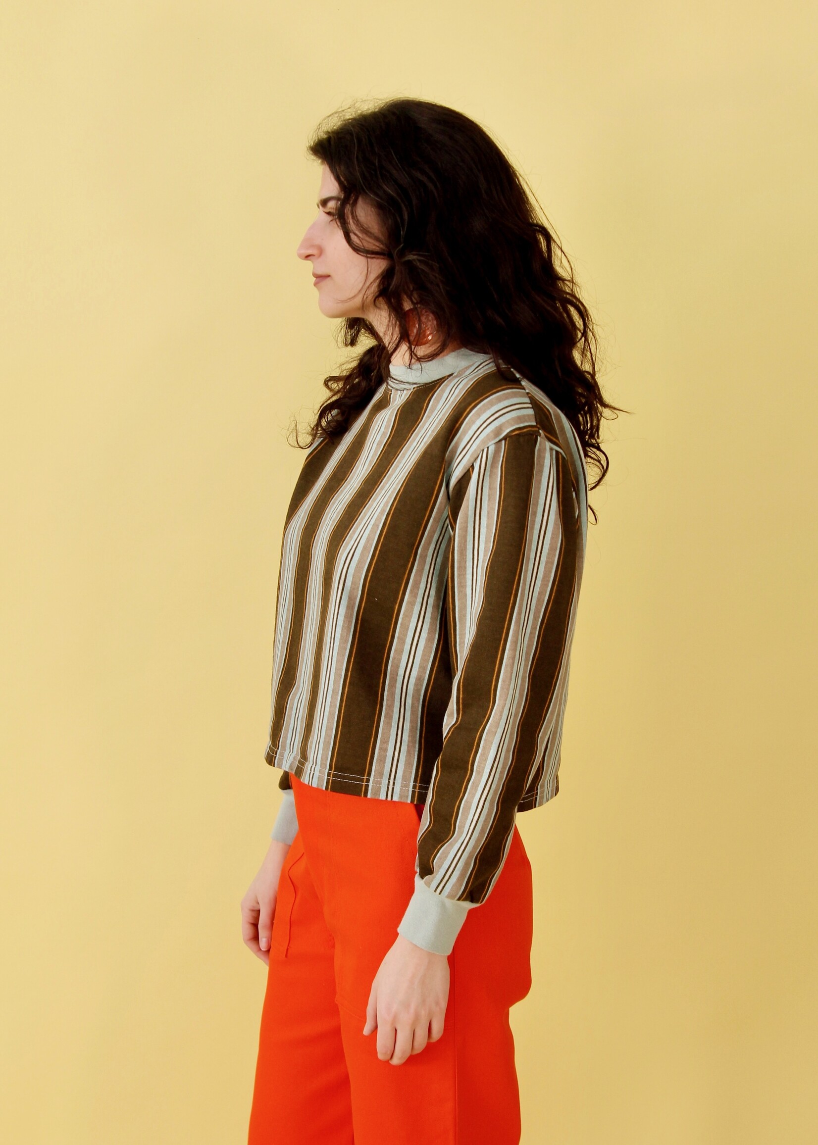 Studio Citizen Studio Citizen Crewneck Sweater Flat Hem in Brown and Blue Stripe