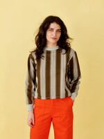 Studio Citizen Crewneck Sweater Flat Hem in Brown and Blue Stripe