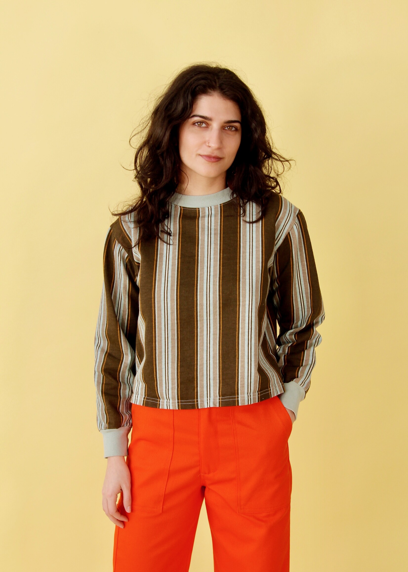 Studio Citizen Studio Citizen Crewneck Sweater Flat Hem in Brown and Blue Stripe