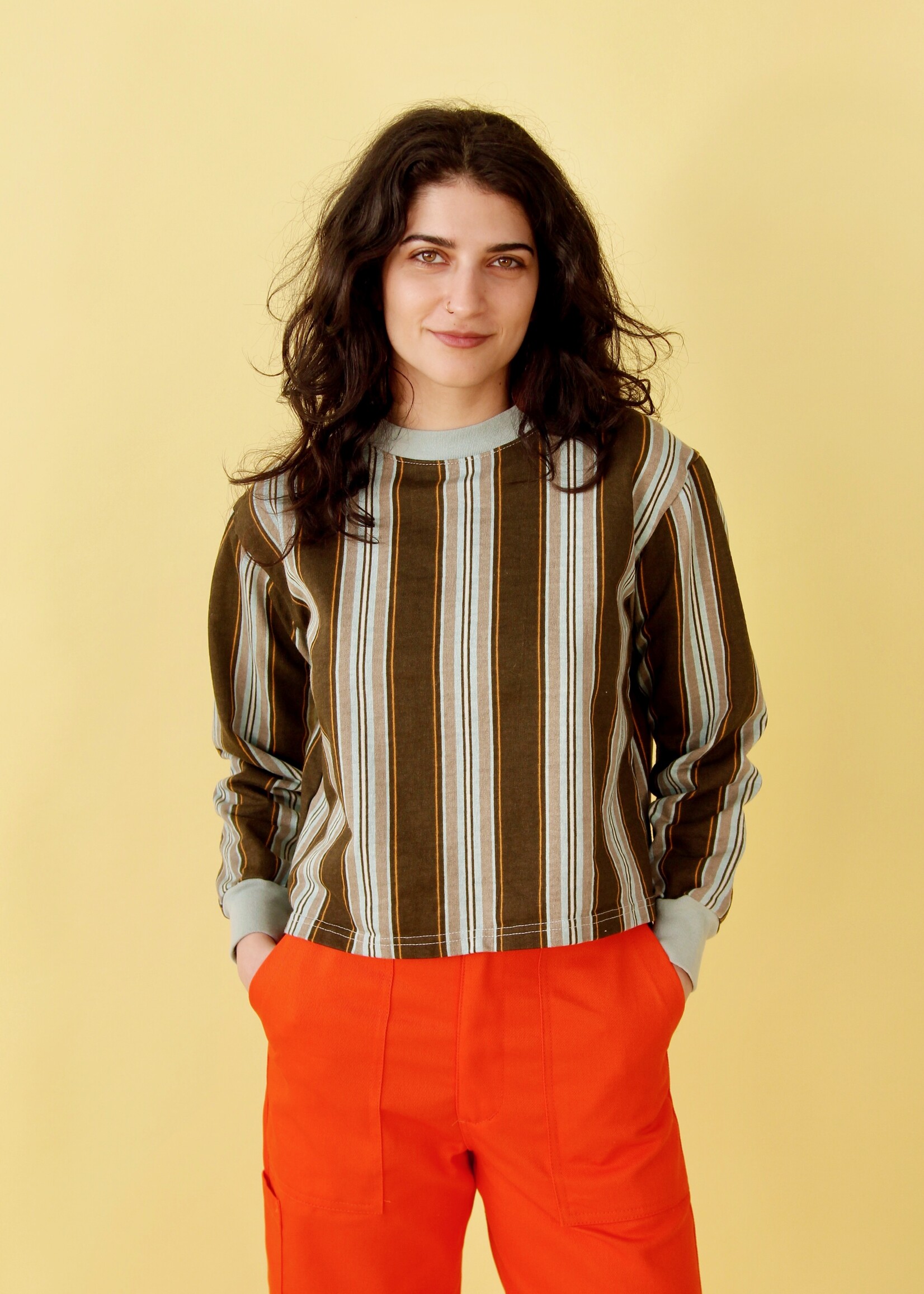 Studio Citizen Studio Citizen Crewneck Sweater Flat Hem in Brown and Blue Stripe