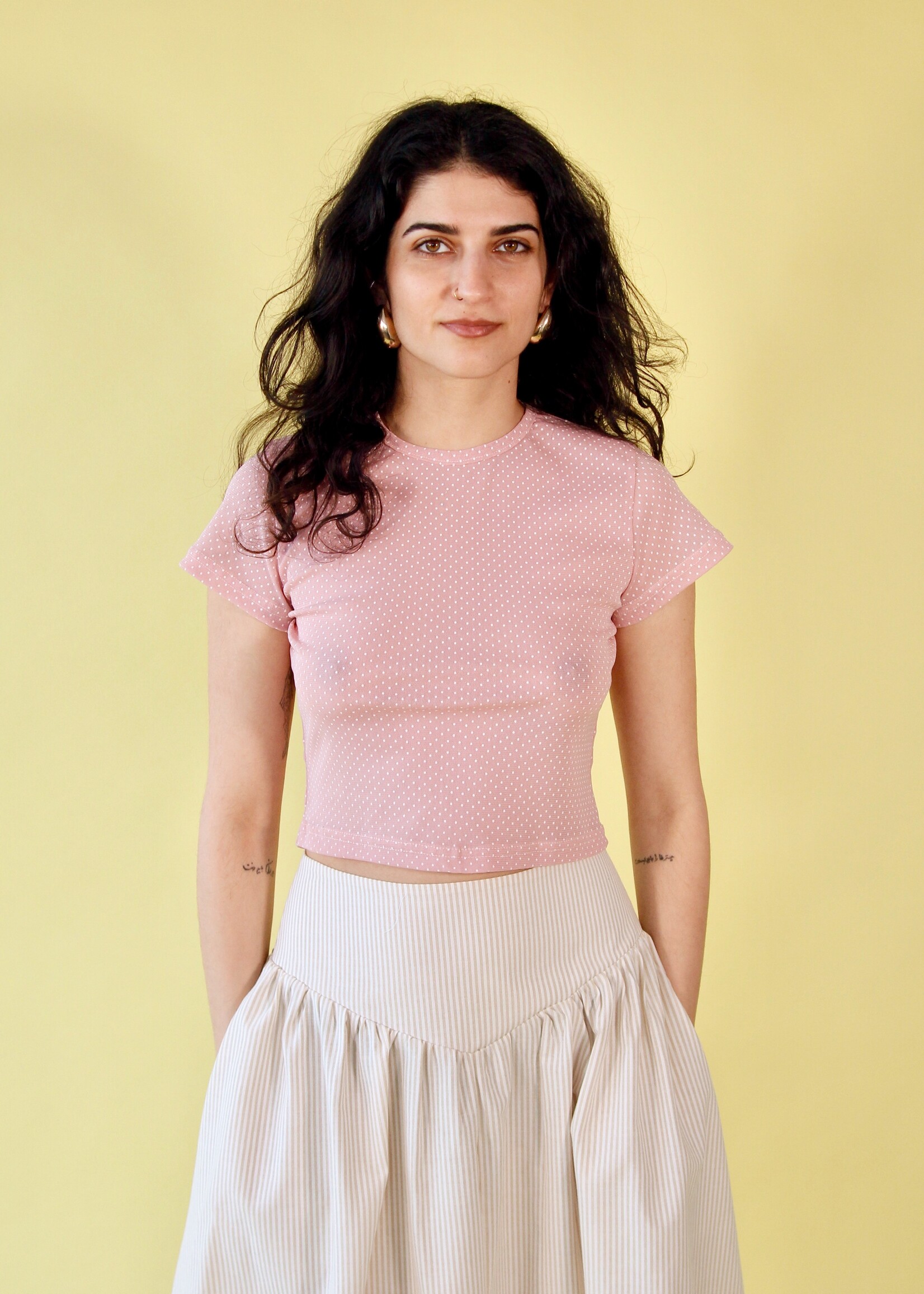 Studio Citizen Studio Citizen Baby Tee in Pink Mesh with White Polka-dots
